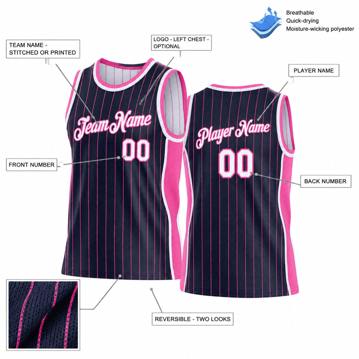 Custom Navy and Pink Side Panels Pinstripe Reversible Basketball Jersey Set with White Lettering customization guide