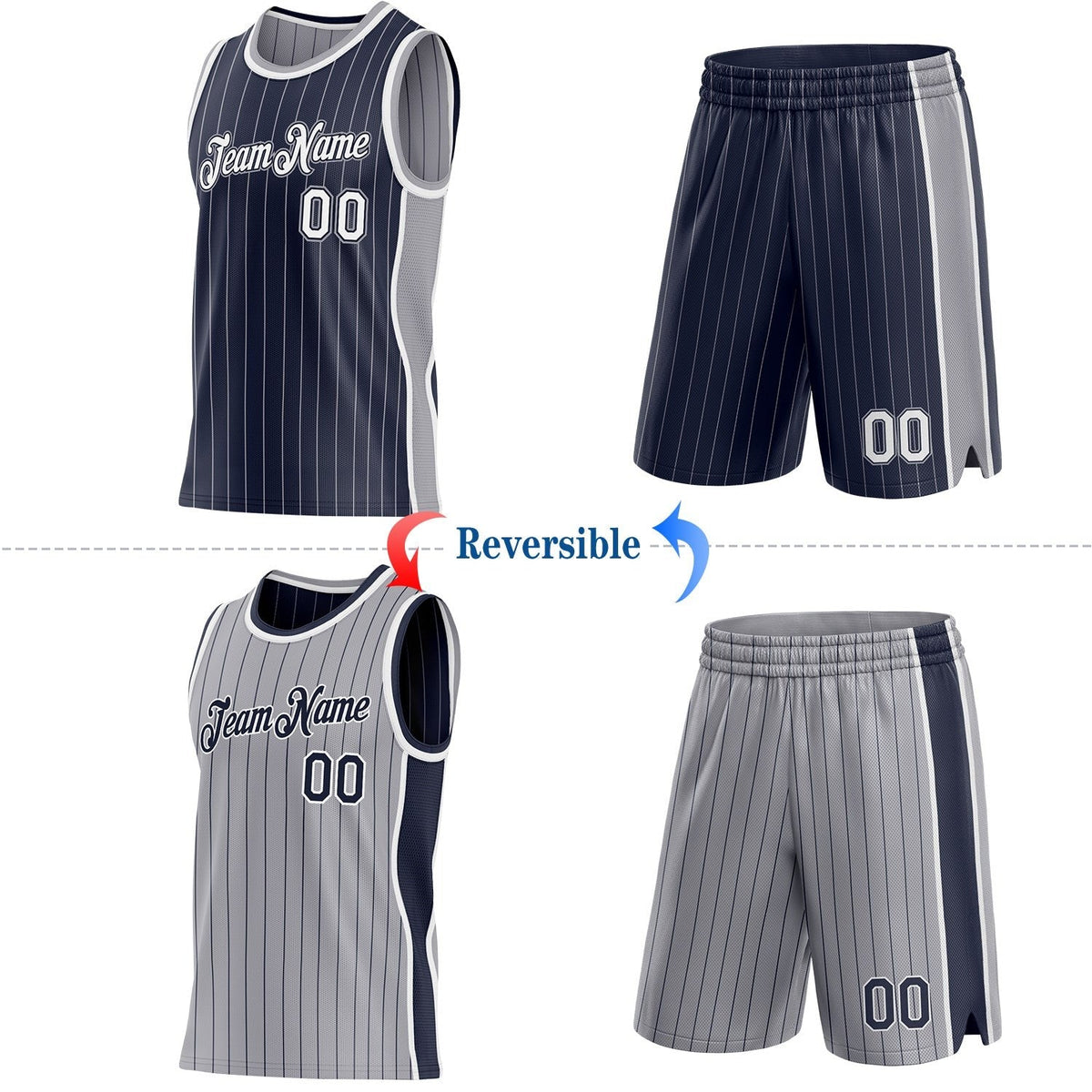 Custom Navy Gray Pinstripe-White Side Panels Reversible Double Side Sublimation Basketball Set Jersey photo 2