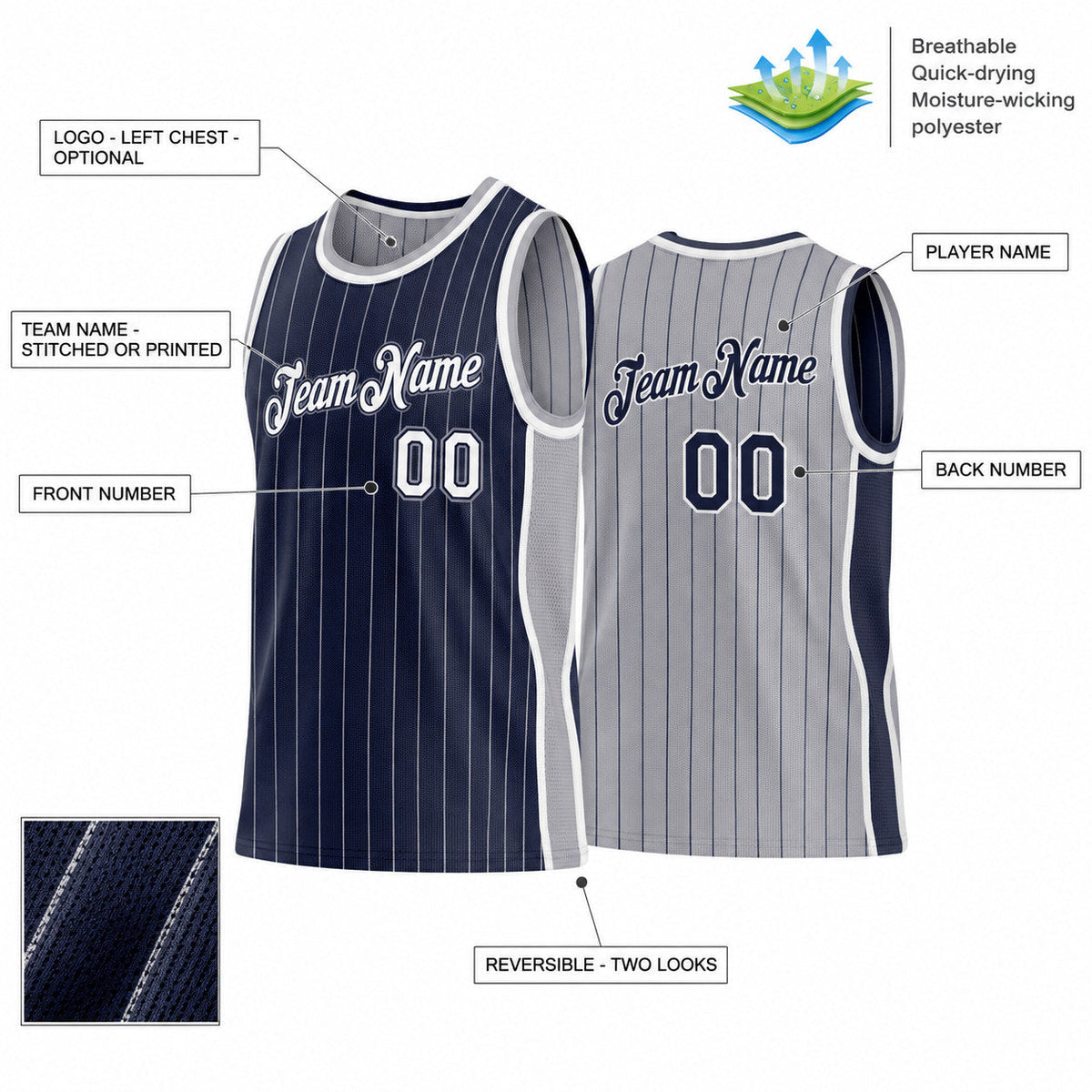 Custom Navy and Gray Side Panels Pinstripe Reversible Basketball Jersey Set with White Lettering Design 0983 customization guide