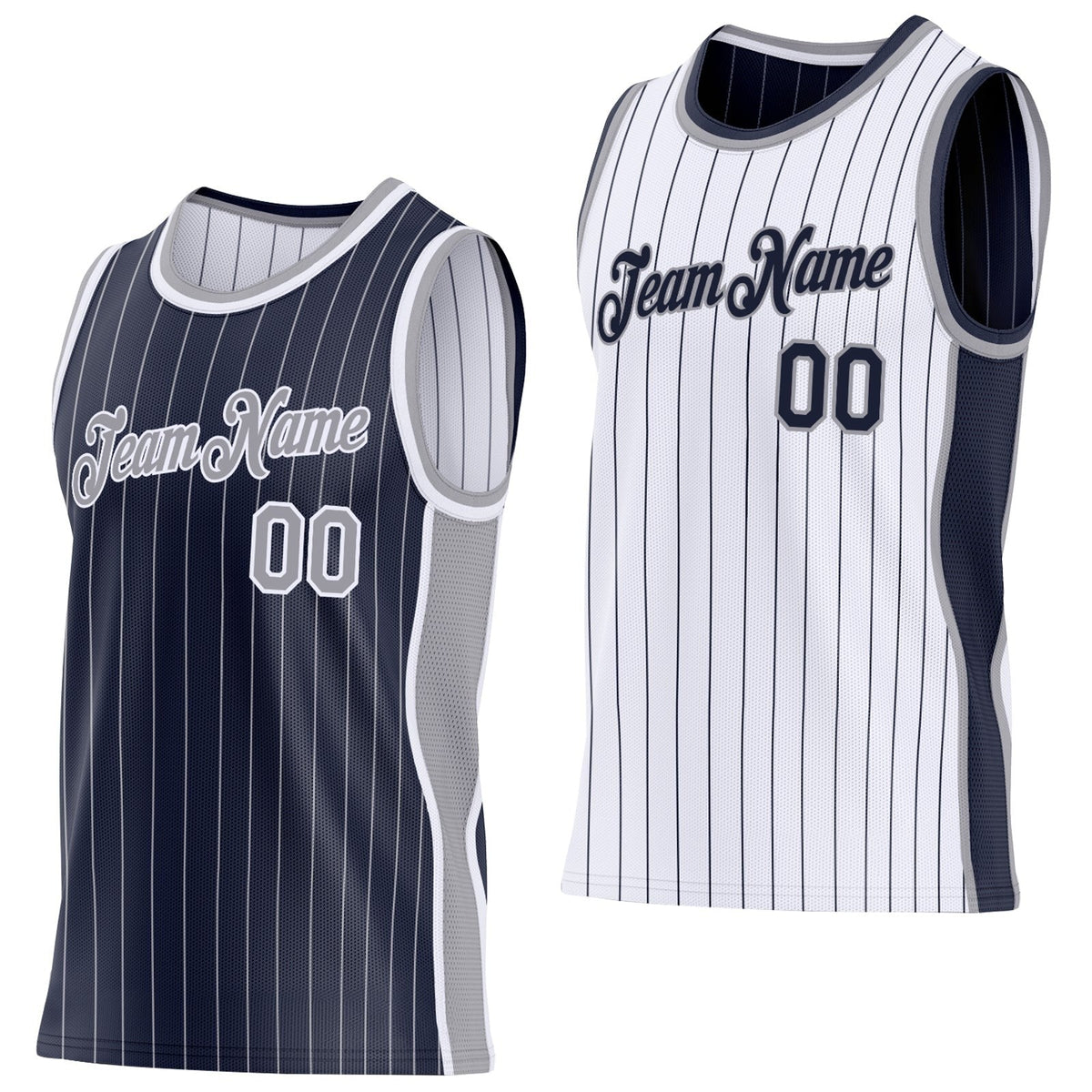 Custom Navy Gray Pinstripe-White Side Panels Reversible Double Side Sublimation Basketball Set Jersey