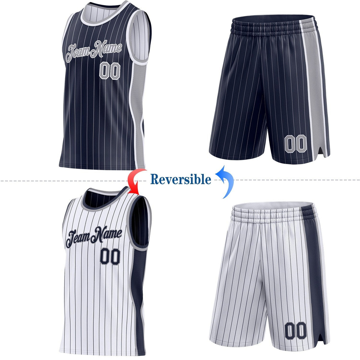 Custom Navy Gray Pinstripe-White Side Panels Reversible Double Side Sublimation Basketball Set Jersey photo 2