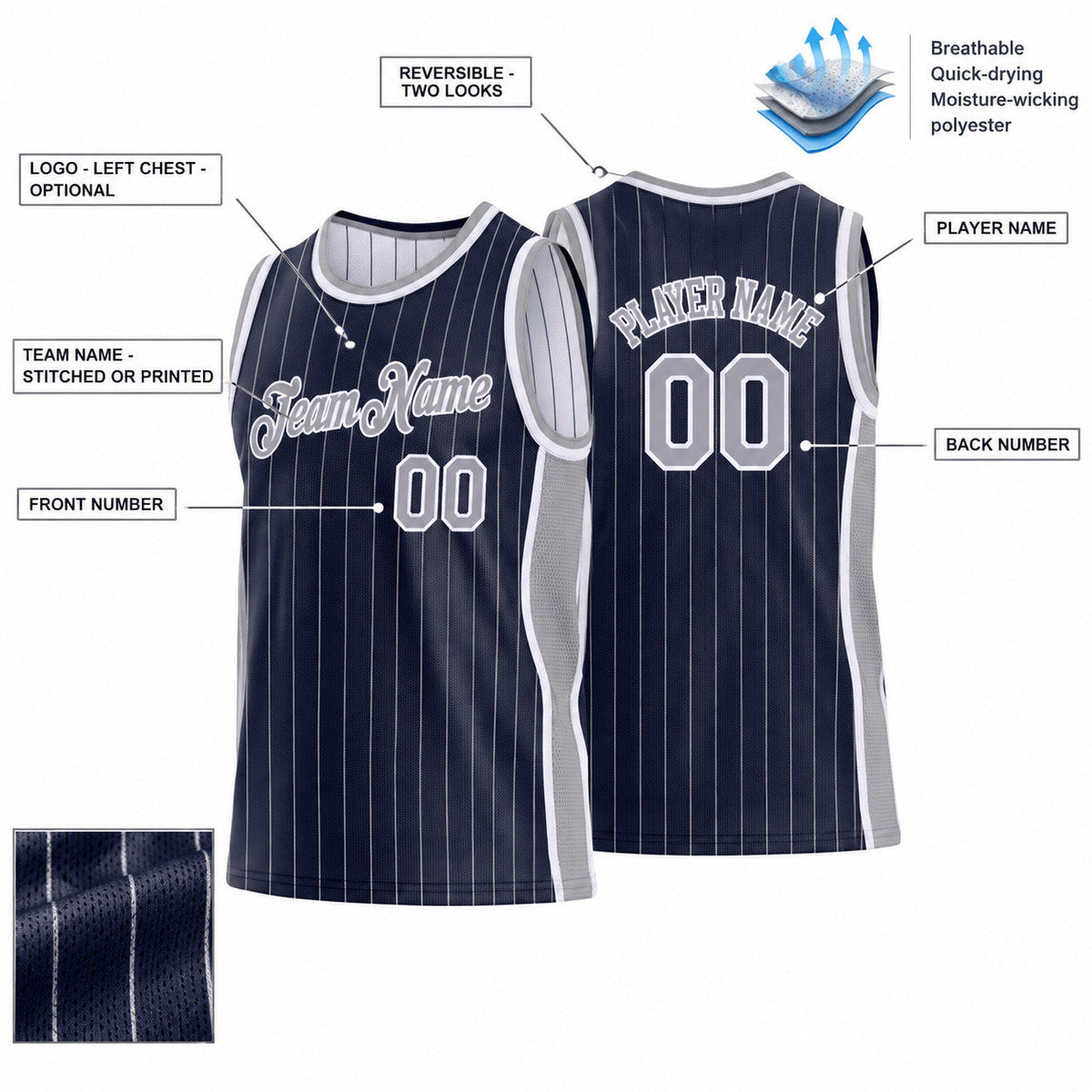 Custom Navy and Gray Side Panels Pinstripe Reversible Basketball Jersey Set with White Lettering Design 0984 customization guide