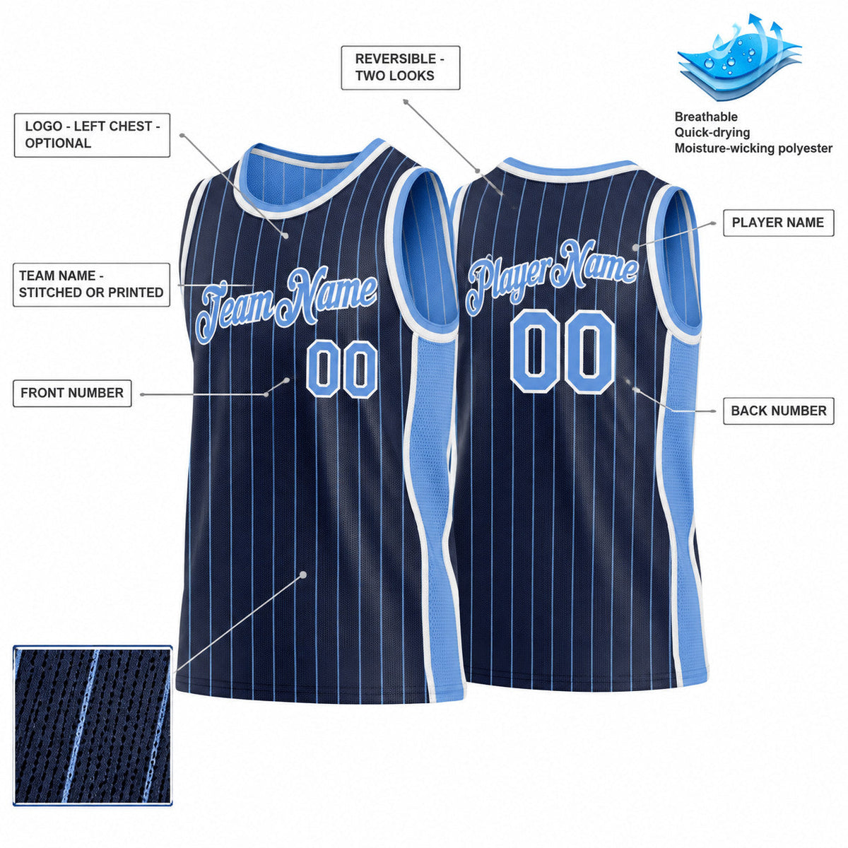 Custom Navy and Light Blue Side Panels Basketball Jersey Set with White Lettering Design 0985 customization guide