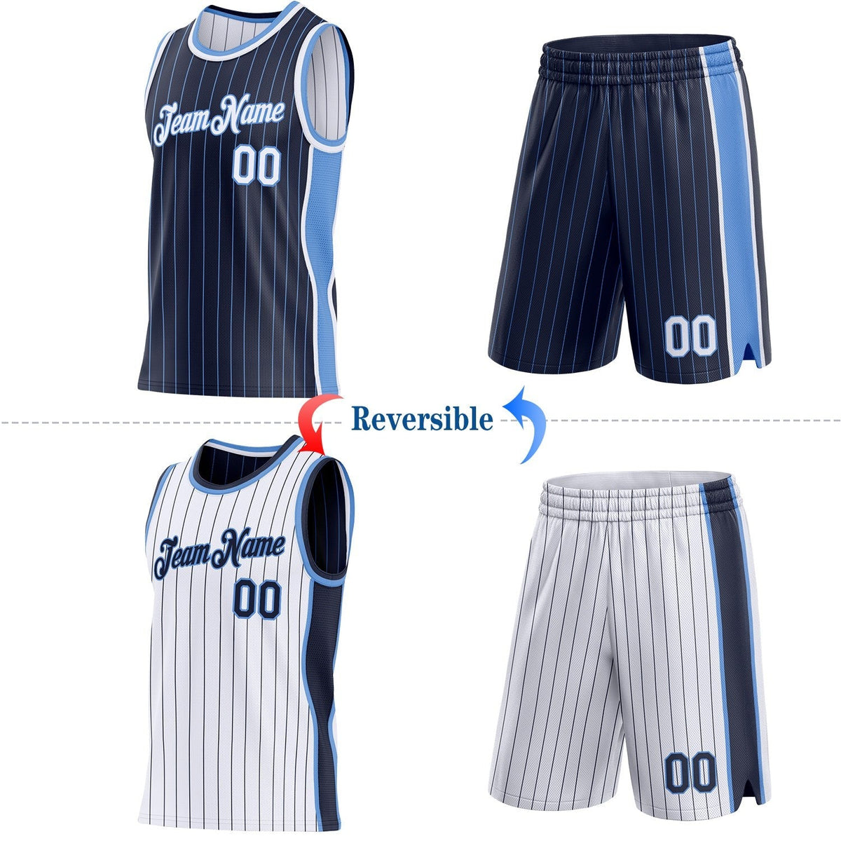 Custom Navy Light Blue Pinstripe-White Side Panels Reversible Double Side Sublimation Basketball Set Jersey photo 2