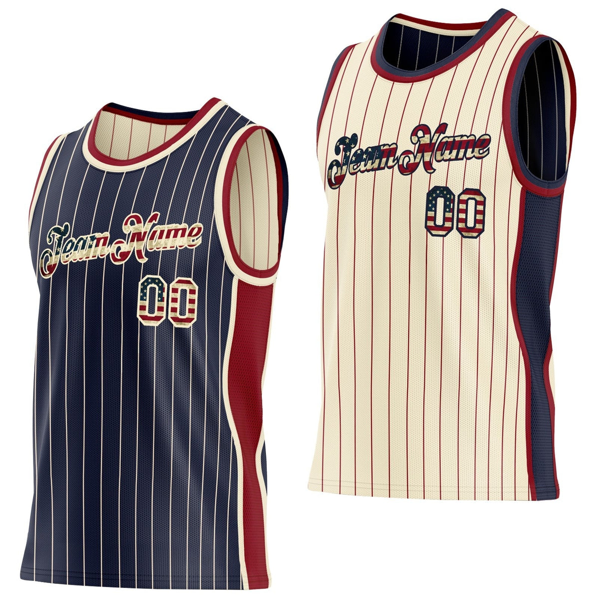 Custom Navy Cream Pinstripe Vintage USA Flag-Maroon Side Panels Reversible Double Side Sublimation Basketball Set Jersey