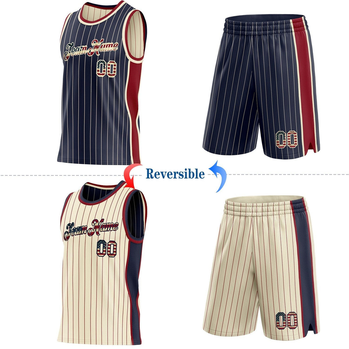 Custom Navy Cream Pinstripe Vintage USA Flag-Maroon Side Panels Reversible Double Side Sublimation Basketball Set Jersey photo 2