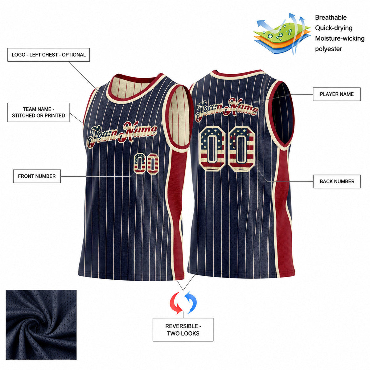 Custom Navy and Cream Vintage USA Flag Basketball Jersey Set with Maroon Lettering customization guide