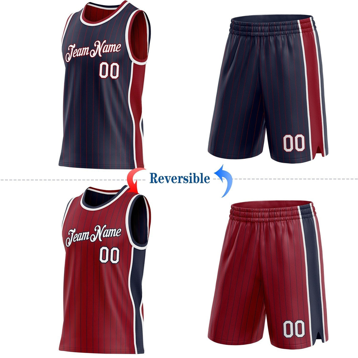 Custom Navy Maroon Pinstripe-White Side Panels Reversible Double Side Sublimation Basketball Set Jersey photo 2