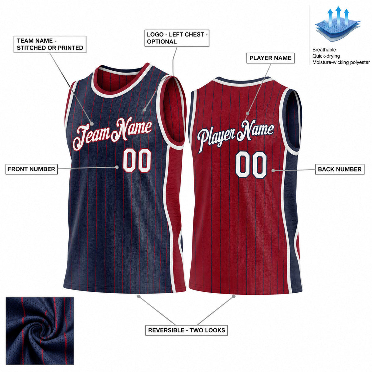 Custom Navy and Maroon Side Panels Pinstripe Reversible Basketball Jersey Set with White Lettering Design 0988 customization guide