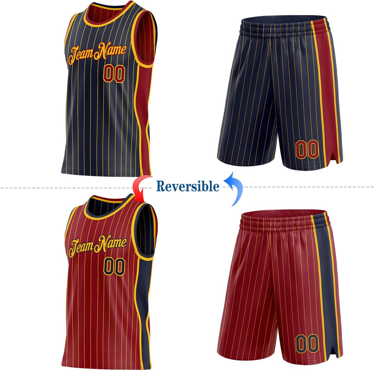 Custom Navy Gold Pinstripe-Maroon Side Panels Reversible Double Side Sublimation Basketball Set Jersey photo 2