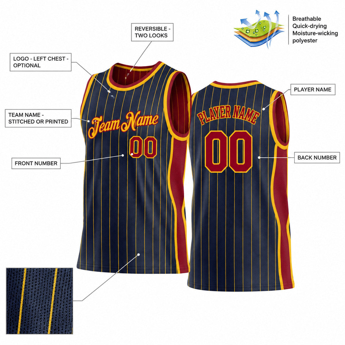Custom Navy and Gold Side Panels Pinstripe Reversible Basketball Jersey Set with Maroon Lettering customization guide