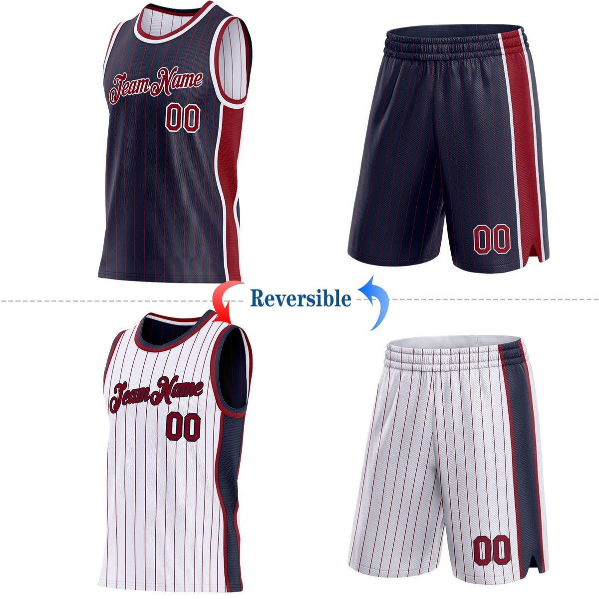 Custom Navy Maroon Pinstripe-White Side Panels Reversible Double Side Sublimation Basketball Set Jersey photo 2