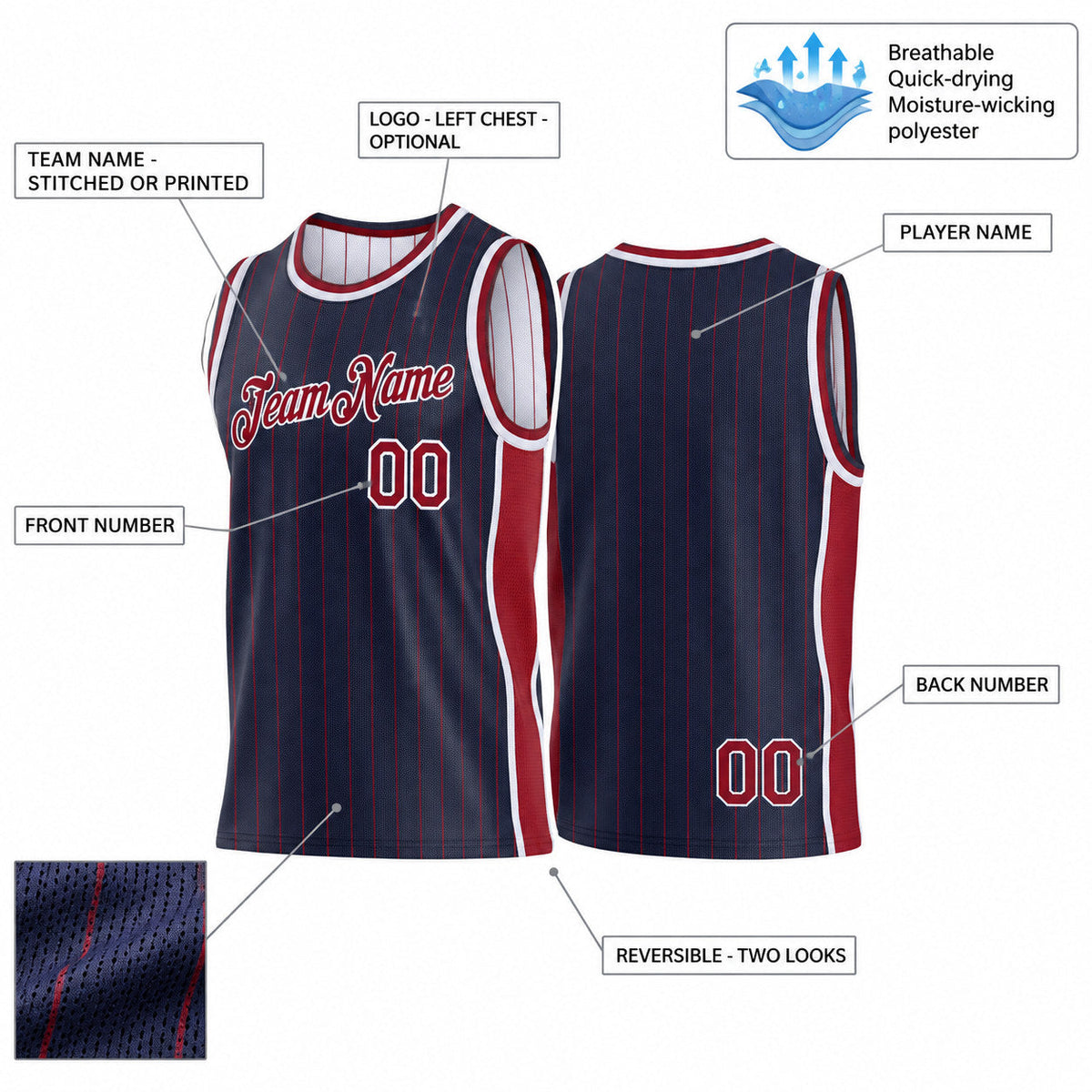 Custom Navy and Maroon Side Panels Pinstripe Reversible Basketball Jersey Set with White Lettering Design 0990 customization guide