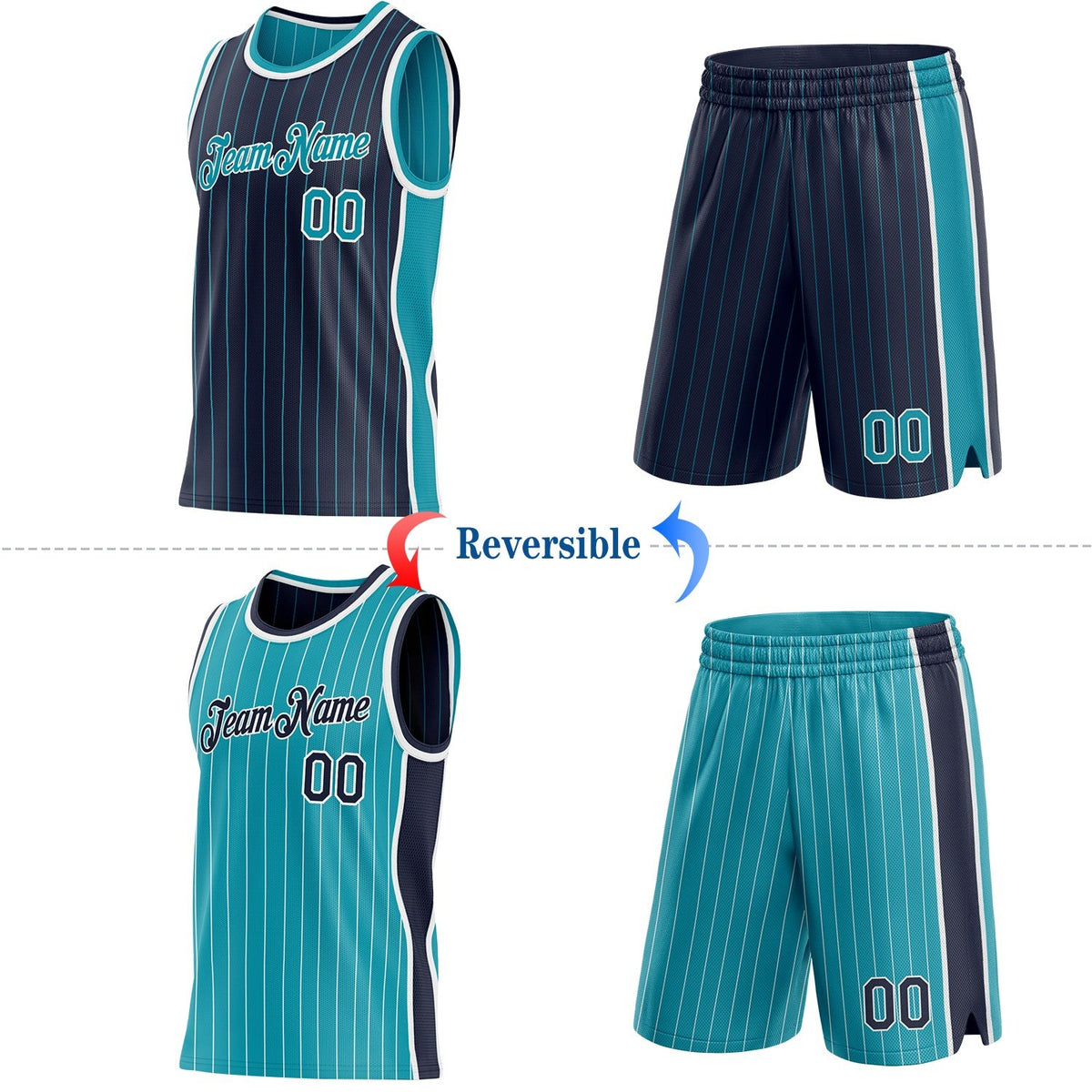 Custom Navy Teal Pinstripe-White Side Panels Reversible Double Side Sublimation Basketball Set Jersey photo 2