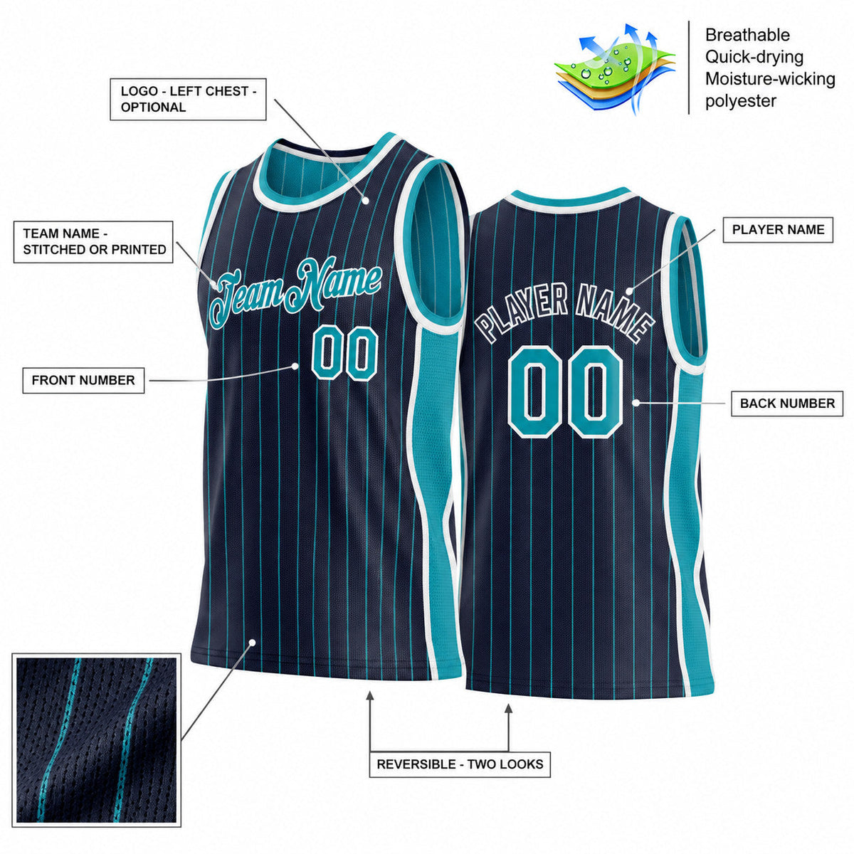 Custom Navy and Teal Side Panels Pinstripe Reversible Basketball Jersey Set with White Lettering Design 0991 customization guide