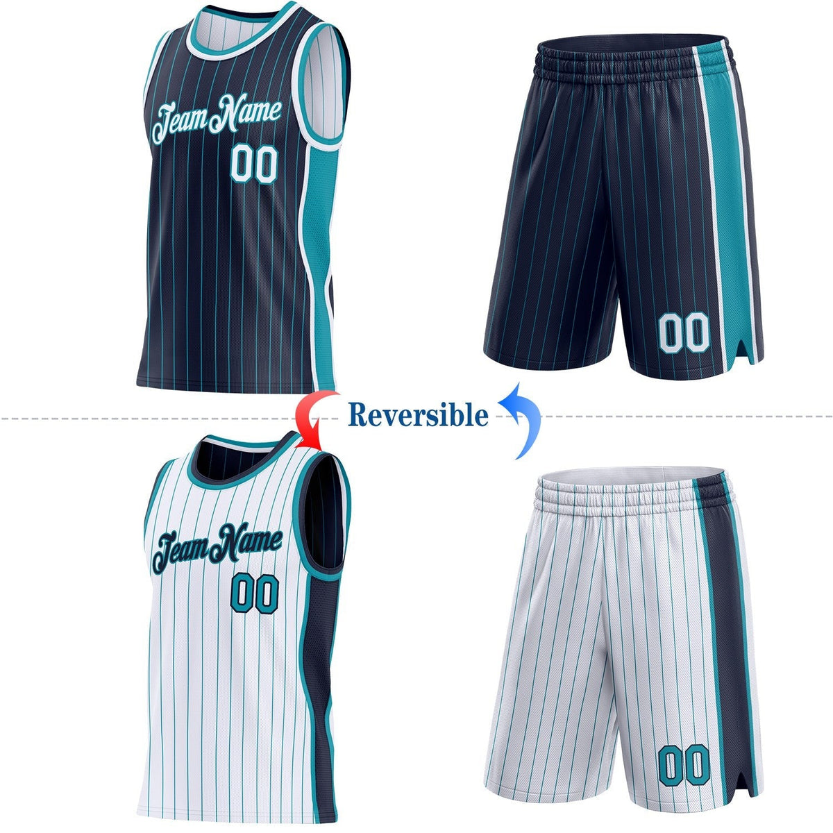 Custom Navy Teal Pinstripe-White Side Panels Reversible Double Side Sublimation Basketball Set Jersey photo 2