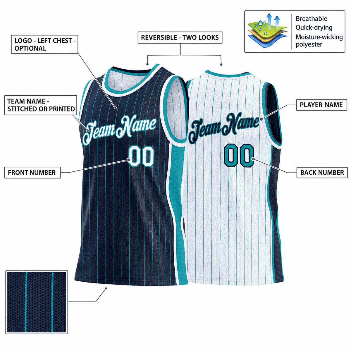 Custom Navy and Teal Side Panels Pinstripe Reversible Basketball Jersey Set with White Lettering Design 0992 customization guide