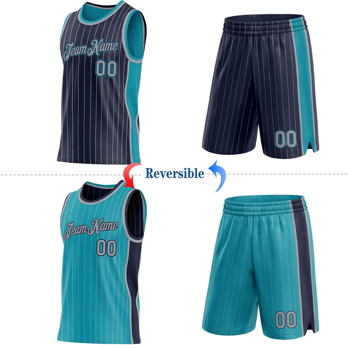 Custom Navy Gray Pinstripe-Teal Side Panels Reversible Double Side Sublimation Basketball Set Jersey photo 2