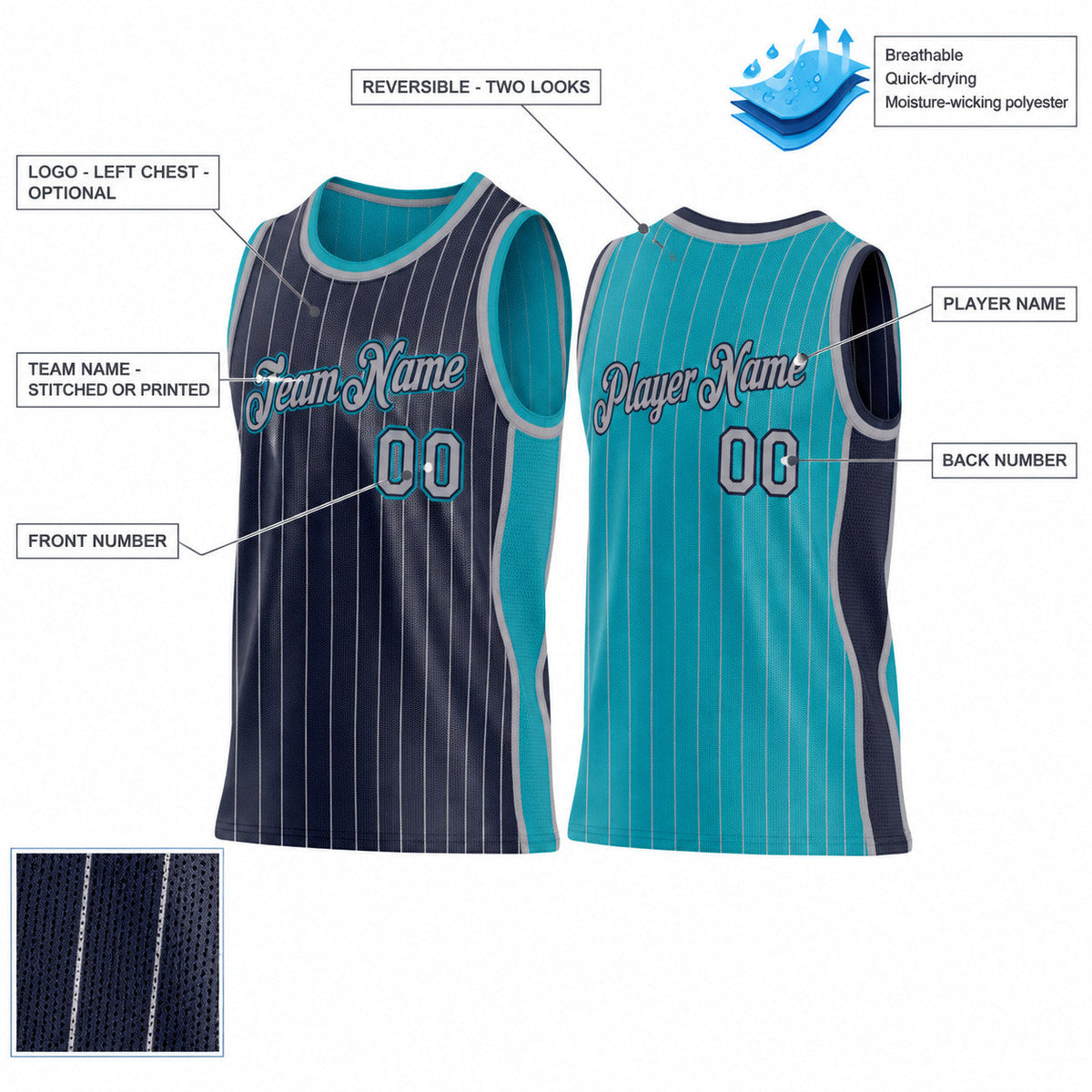 Custom Navy and Gray Side Panels Pinstripe Reversible Basketball Jersey Set with Teal Lettering customization guide