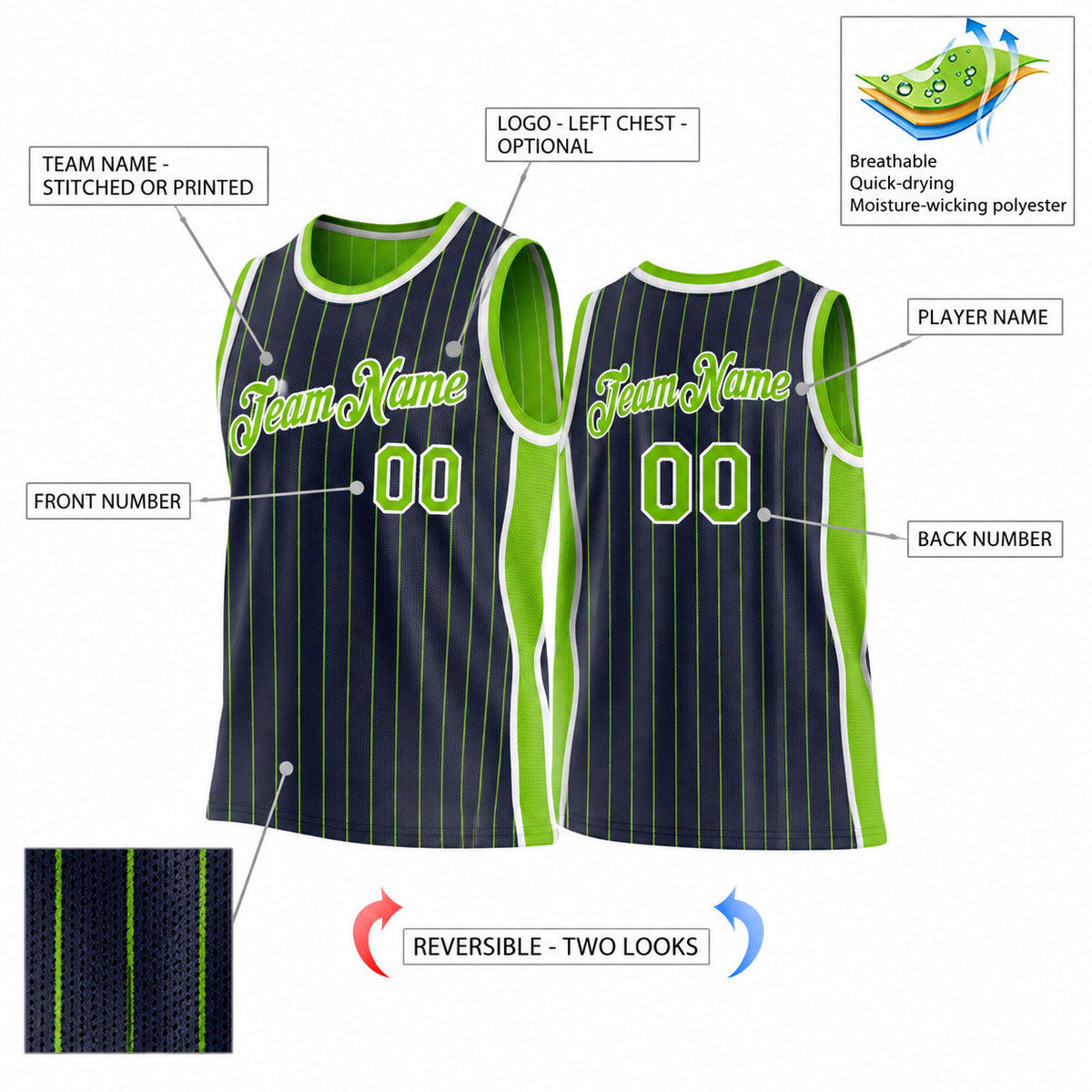 Custom Navy and Neon Green Side Panels Basketball Jersey Set with White Lettering Design 0994 customization guide