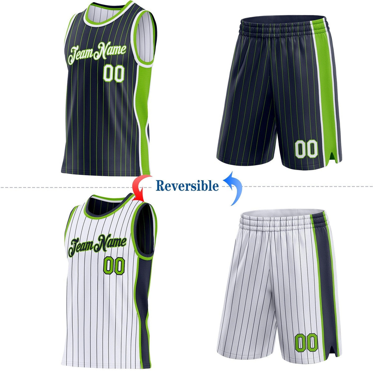 Custom Navy Neon Green Pinstripe-White Side Panels Reversible Double Side Sublimation Basketball Set Jersey photo 2