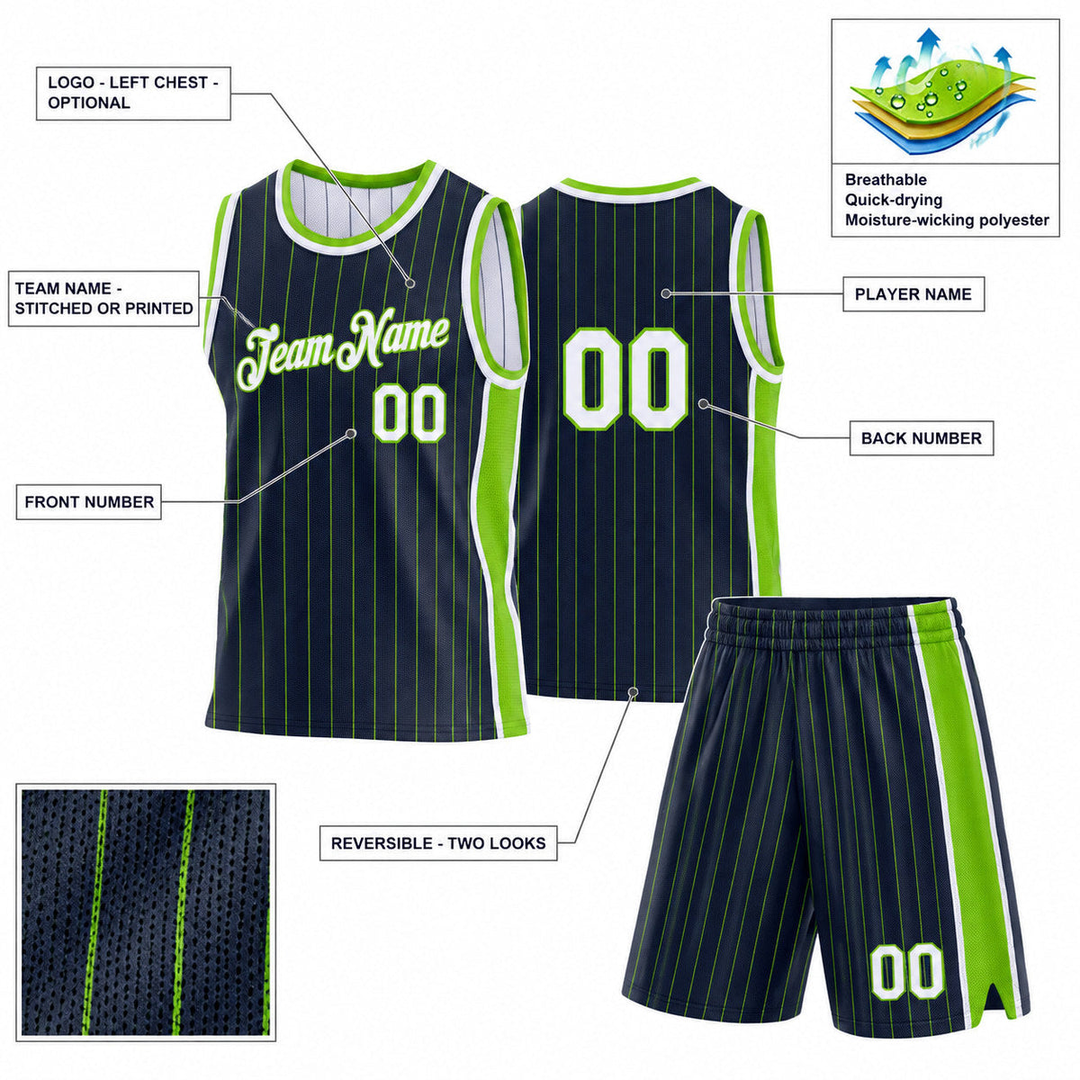 Custom Navy and Neon Green Side Panels Basketball Jersey Set with White Lettering Design 0995 customization guide