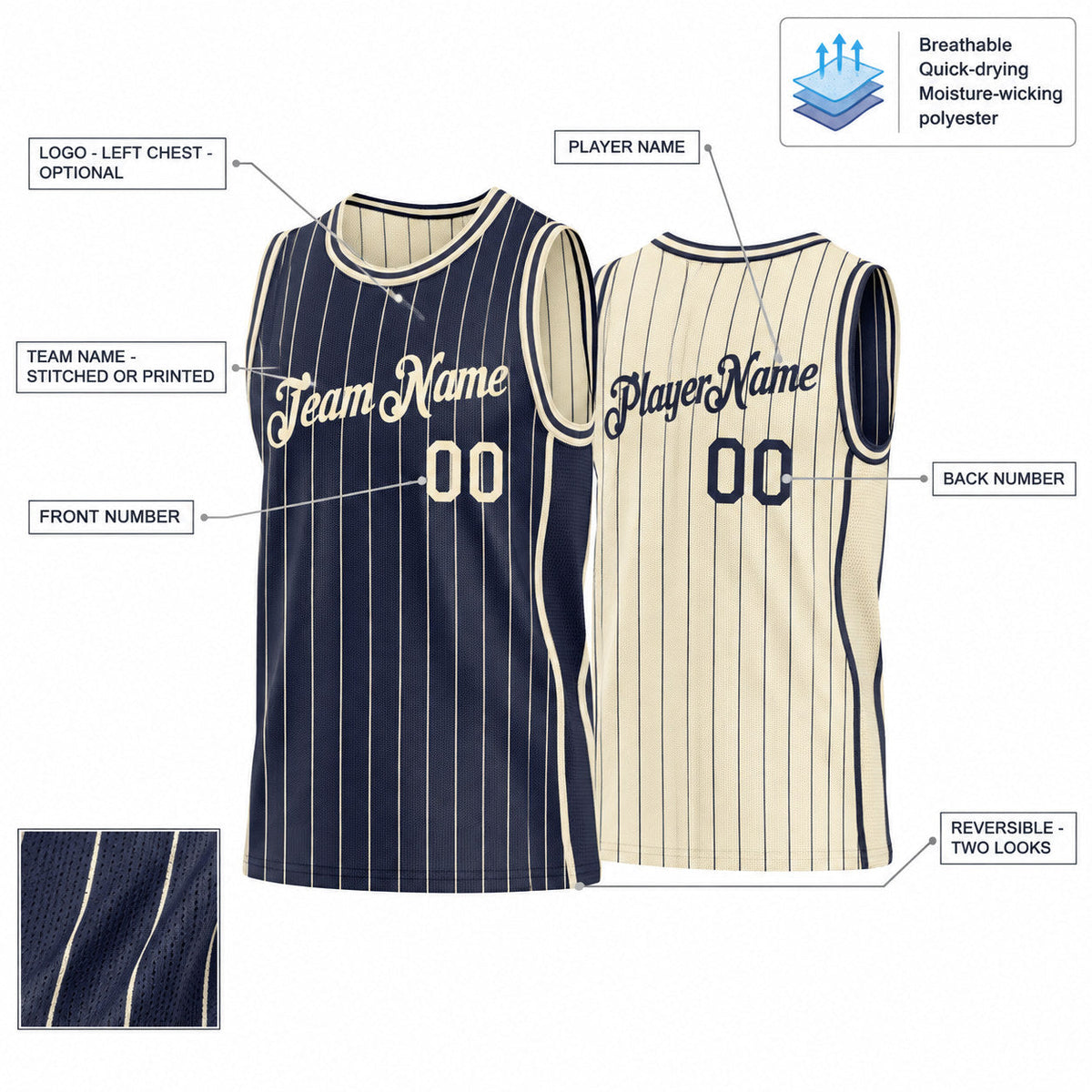 Custom Navy Side Panels Pinstripe Reversible Basketball Jersey Set with Cream Lettering customization guide