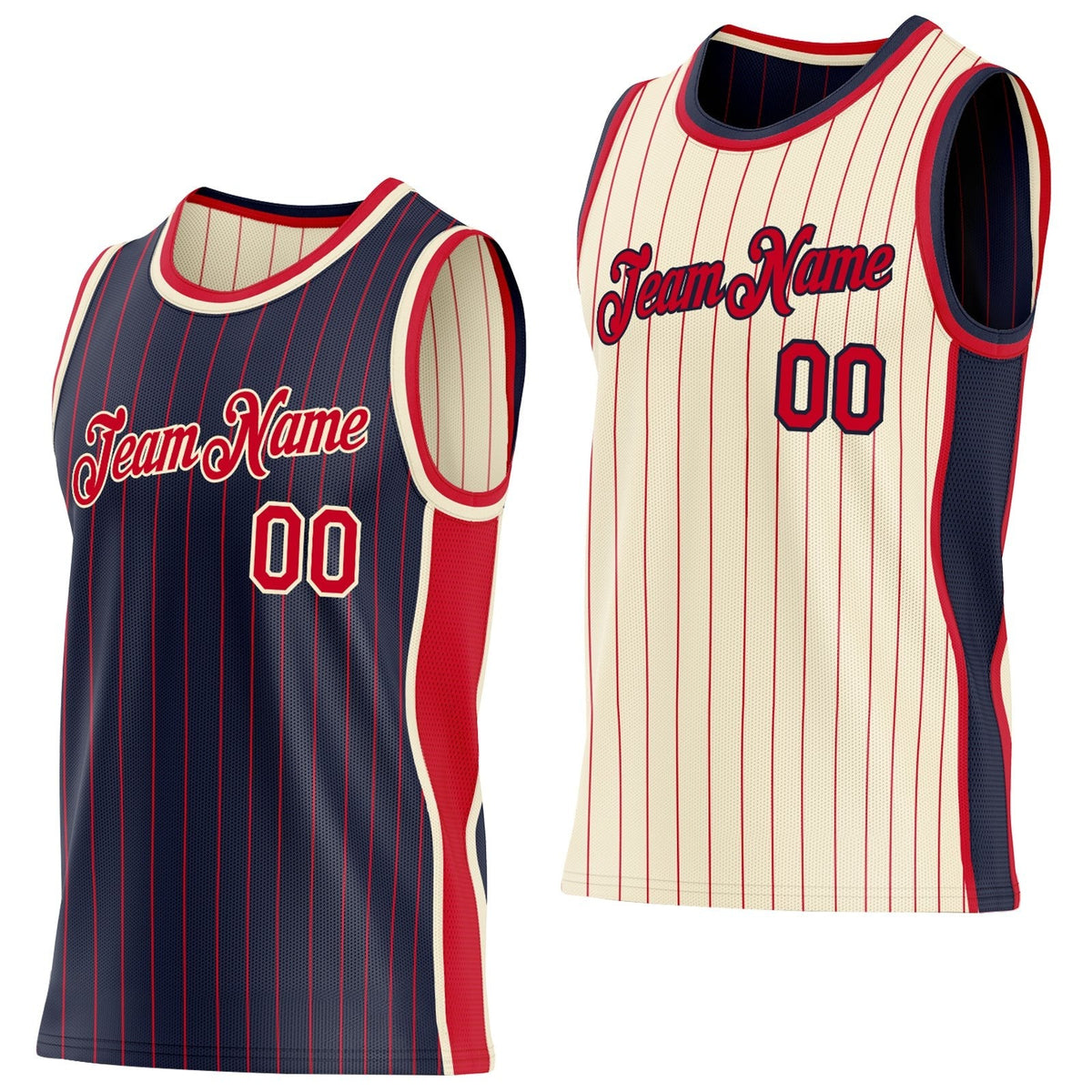 Custom Navy Red Pinstripe-Cream Side Panels Reversible Double Side Sublimation Basketball Set Jersey
