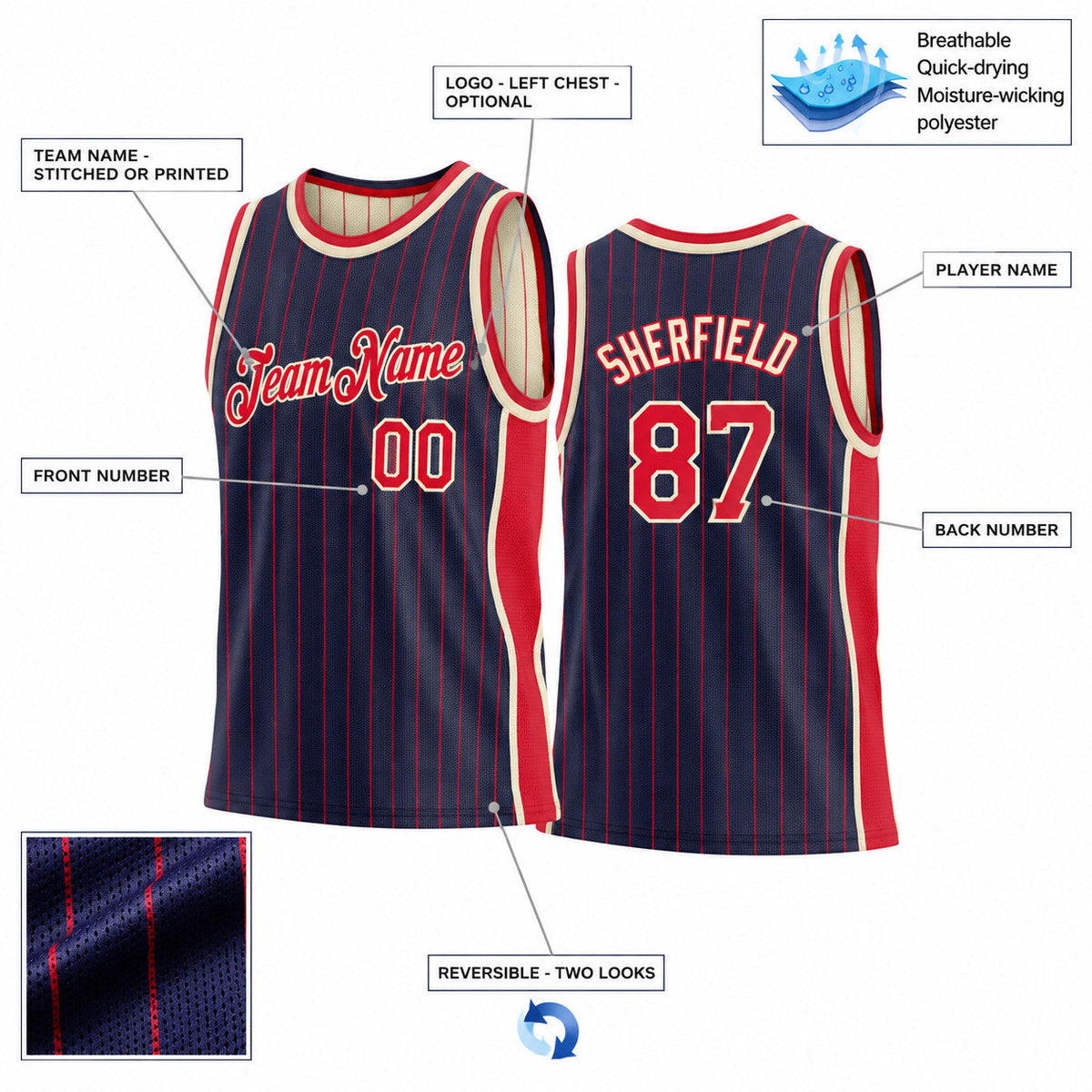 Custom Navy and Red Side Panels Pinstripe Reversible Basketball Jersey Set with Cream Lettering customization guide