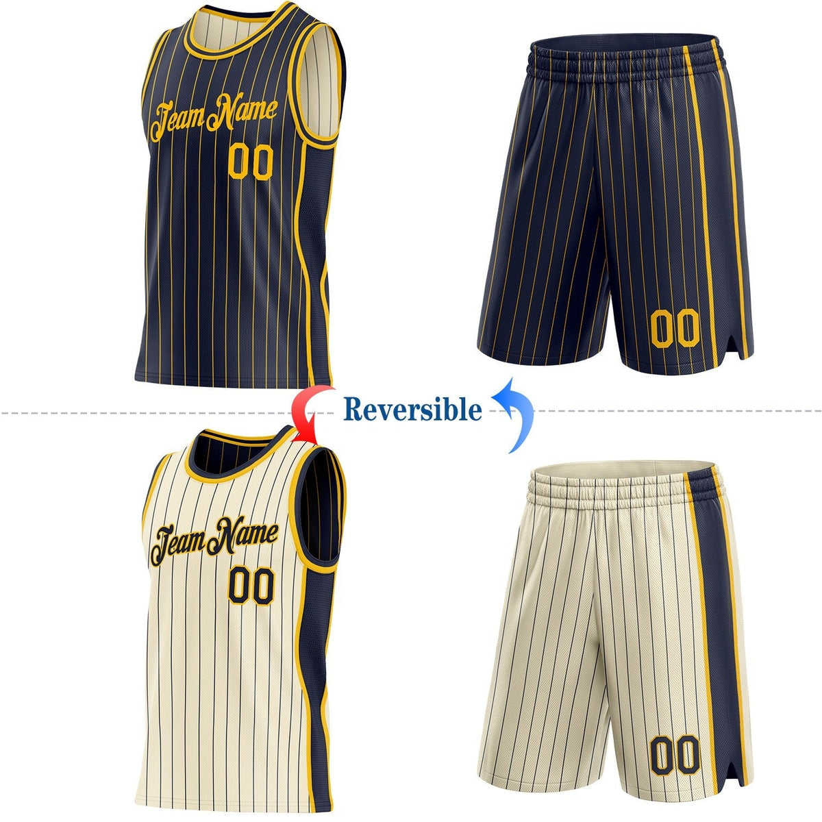 Custom Navy Gold & Cream Navy Pinstripe Side Panels Reversible Double Side Sublimation Basketball Set Jersey photo 2