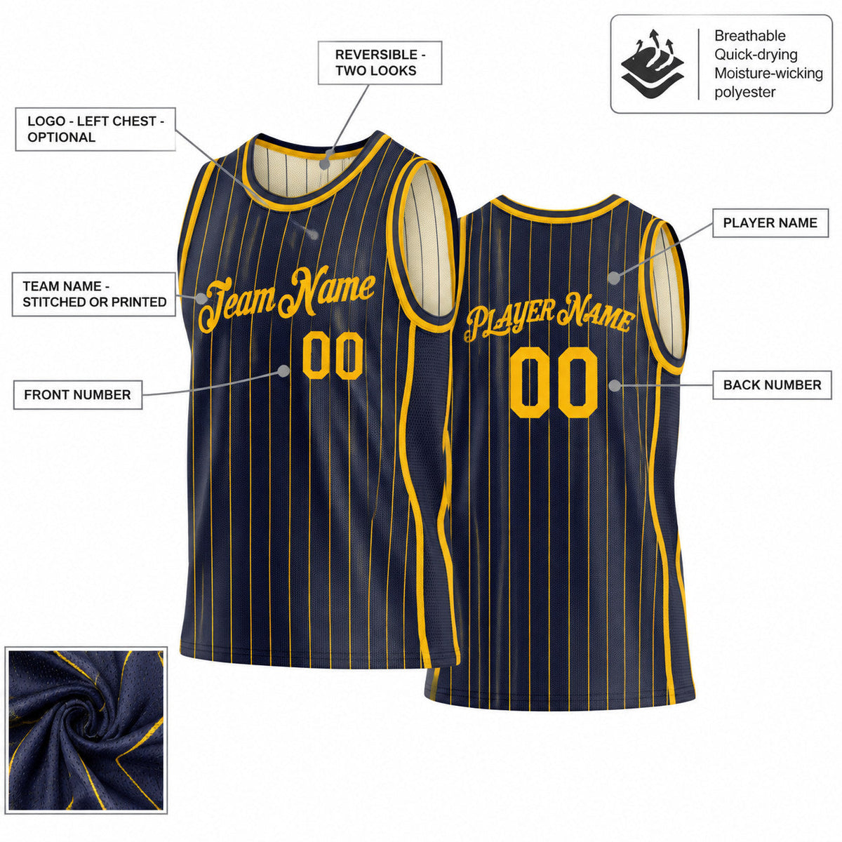 Custom Navy Side Panels Pinstripe Reversible Basketball Jersey Set with Gold Lettering customization guide