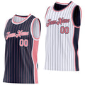Custom Navy Medium Pink Pinstripe-White Side Panels Reversible Double Side Sublimation Basketball Set Jersey