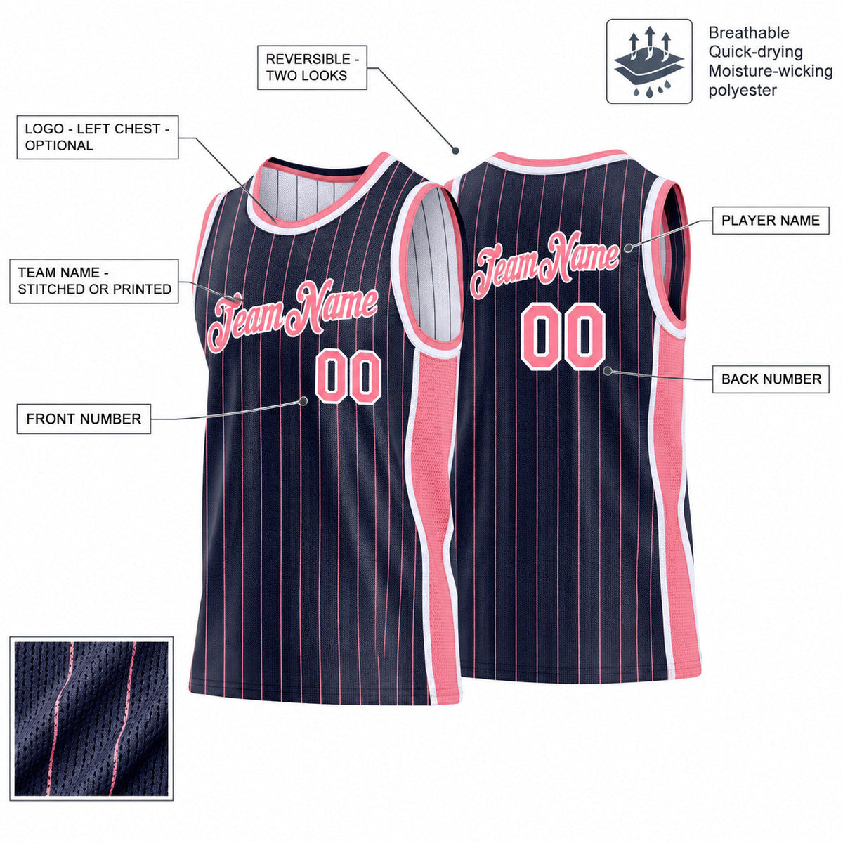 Custom Navy and Medium Pink Side Panels Basketball Jersey Set with White Lettering customization guide