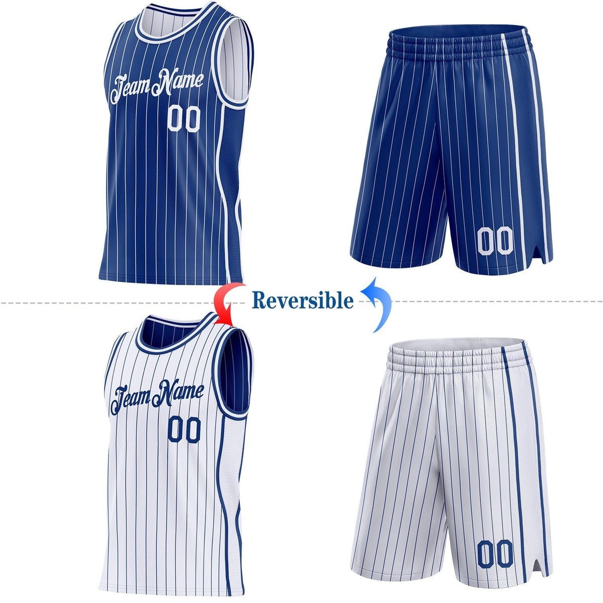 Custom Royal White Pinstripe Side Panels Reversible Double Side Sublimation Basketball Set Jersey photo 2