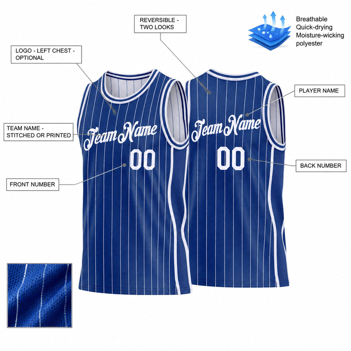 Custom Royal Side Panels Pinstripe Reversible Basketball Jersey Set with White Lettering Design 1000 customization guide