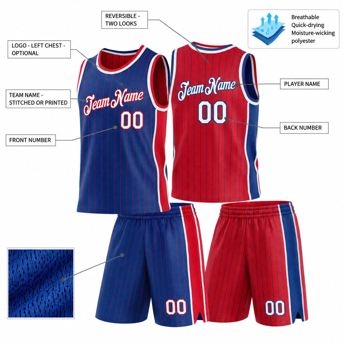 Custom Royal and Red Side Panels Pinstripe Reversible Basketball Jersey Set with White Lettering customization guide