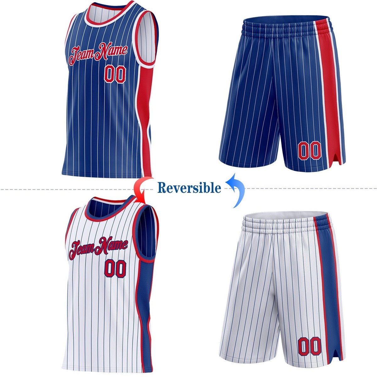 Custom Royal White Pinstripe-Red Side Panels Reversible Double Side Sublimation Basketball Set Jersey photo 2