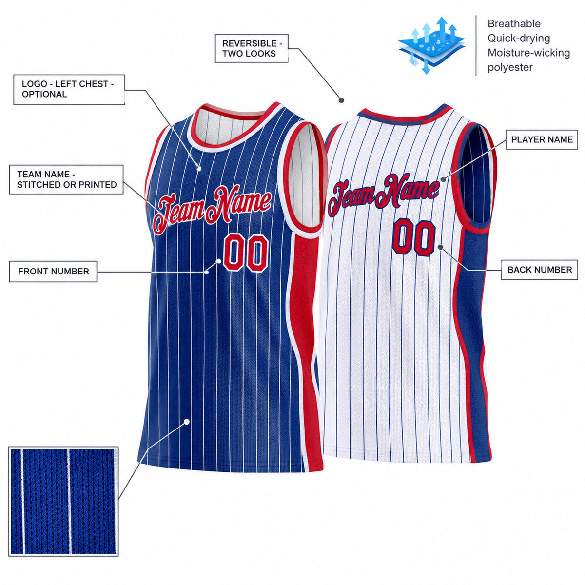 Custom Royal and White Side Panels Pinstripe Reversible Basketball Jersey Set with Red Lettering customization guide