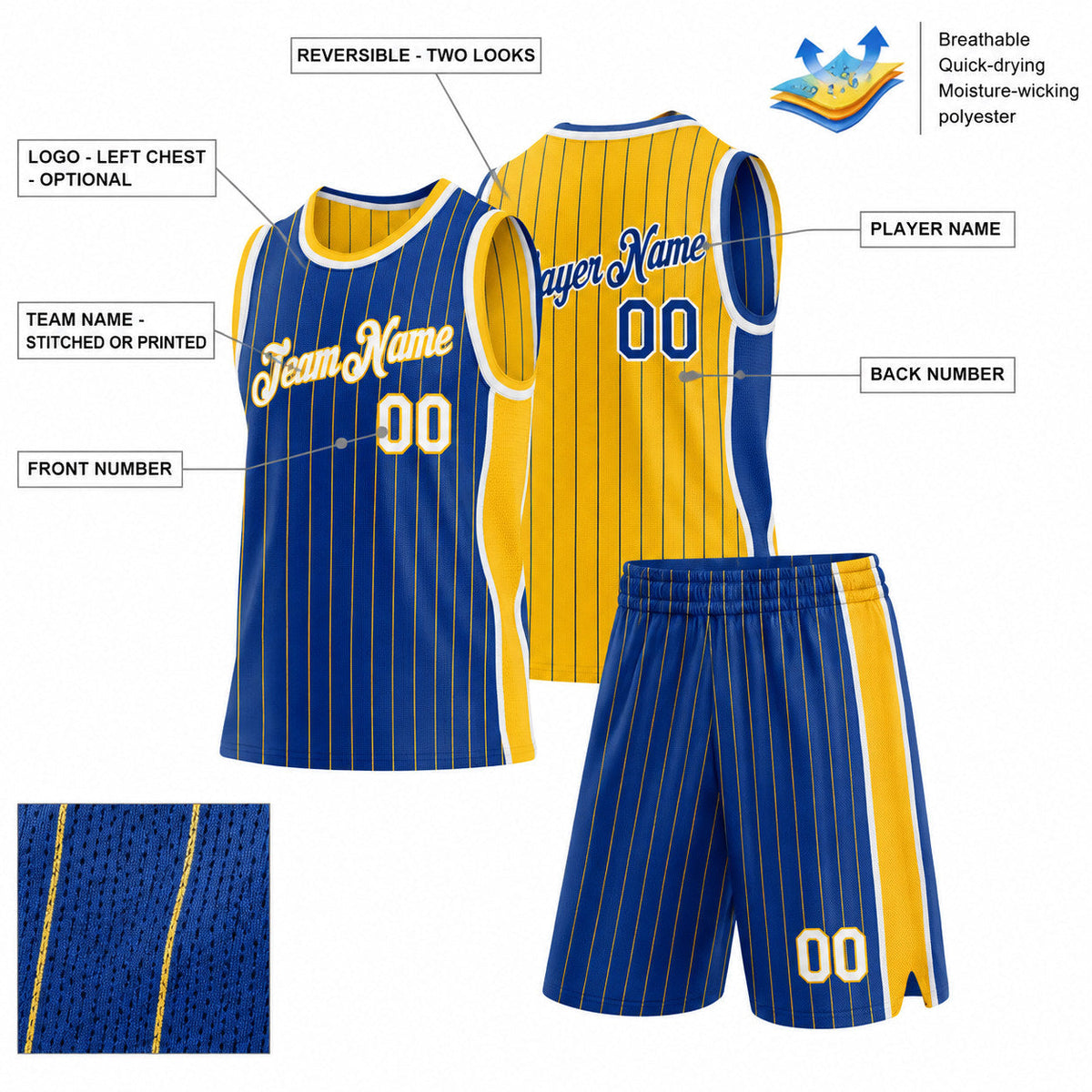 Custom Royal and Gold Side Panels Pinstripe Reversible Basketball Jersey Set with White Lettering Design 1003 customization guide