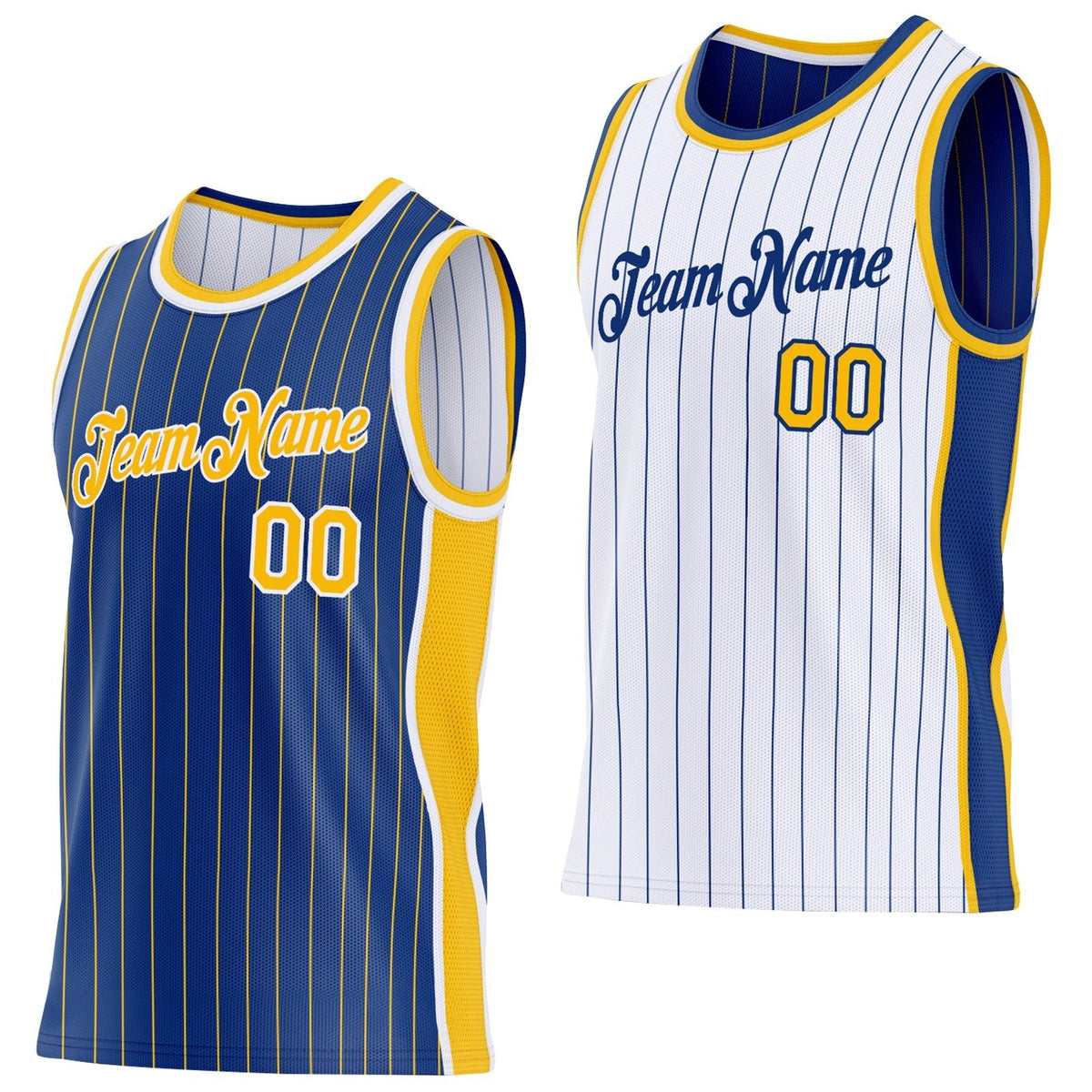 Custom Royal Gold Pinstripe-White Side Panels Reversible Double Side Sublimation Basketball Set Jersey