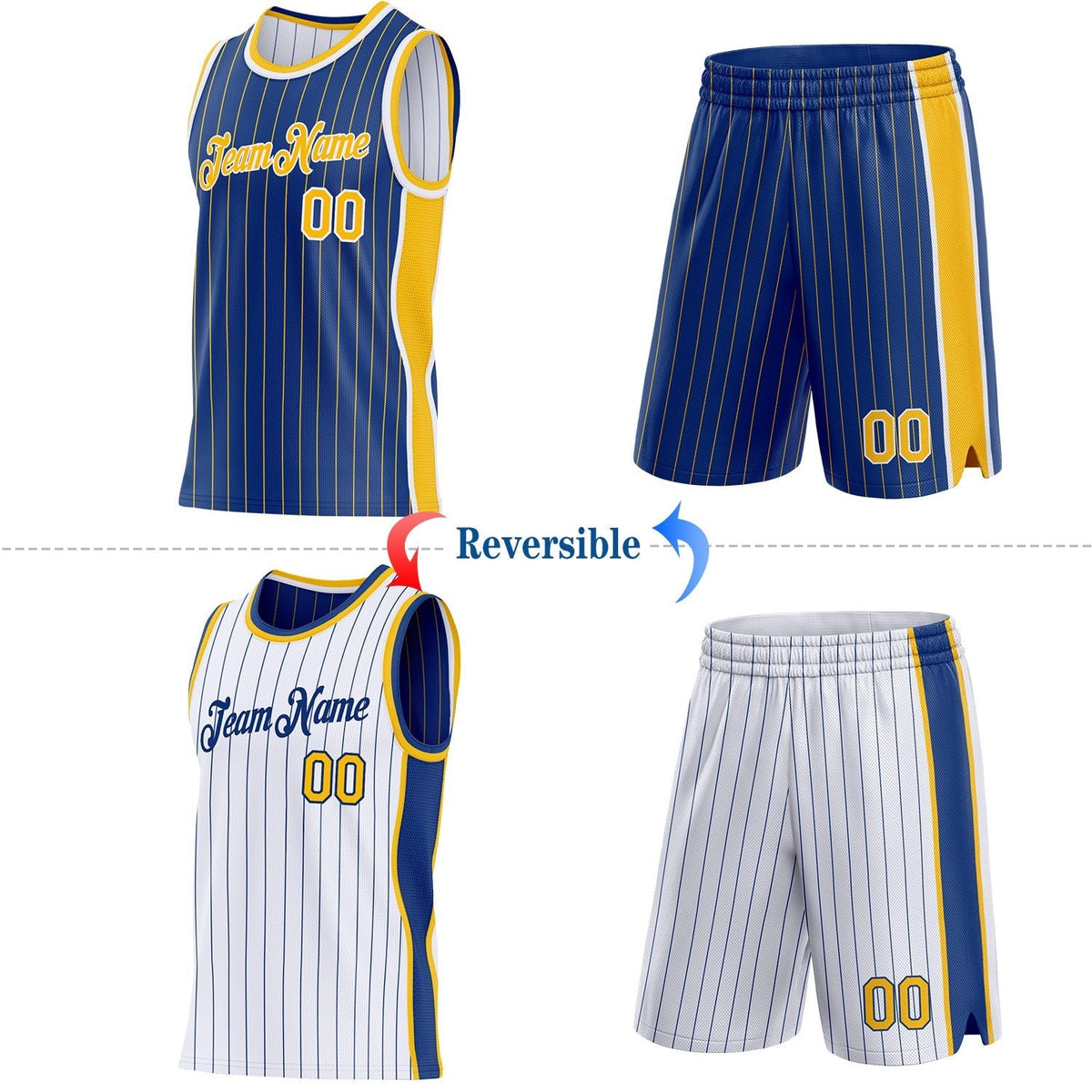 Custom Royal Gold Pinstripe-White Side Panels Reversible Double Side Sublimation Basketball Set Jersey photo 2