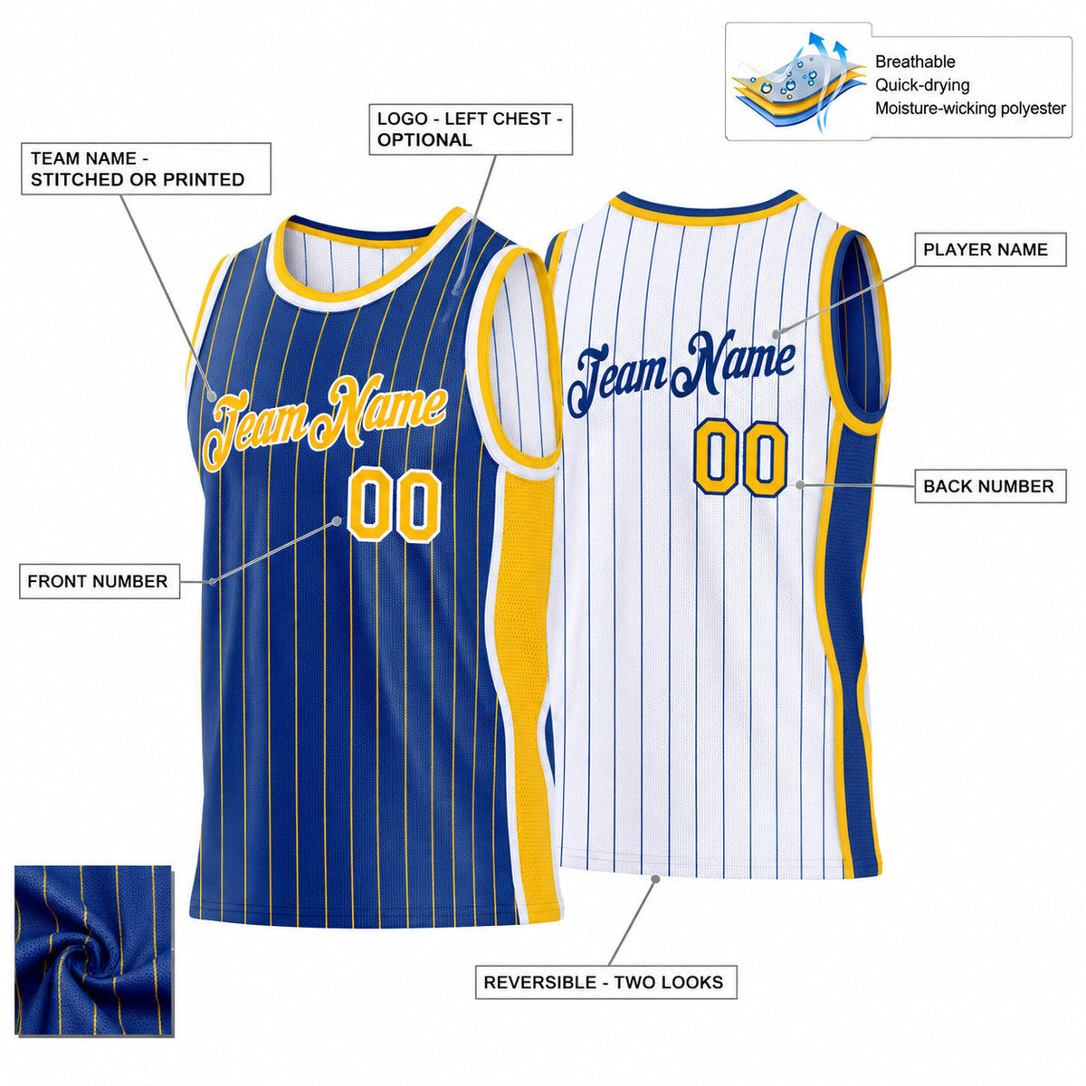 Custom Royal and Gold Side Panels Pinstripe Reversible Basketball Jersey Set with White Lettering Design 1004 customization guide
