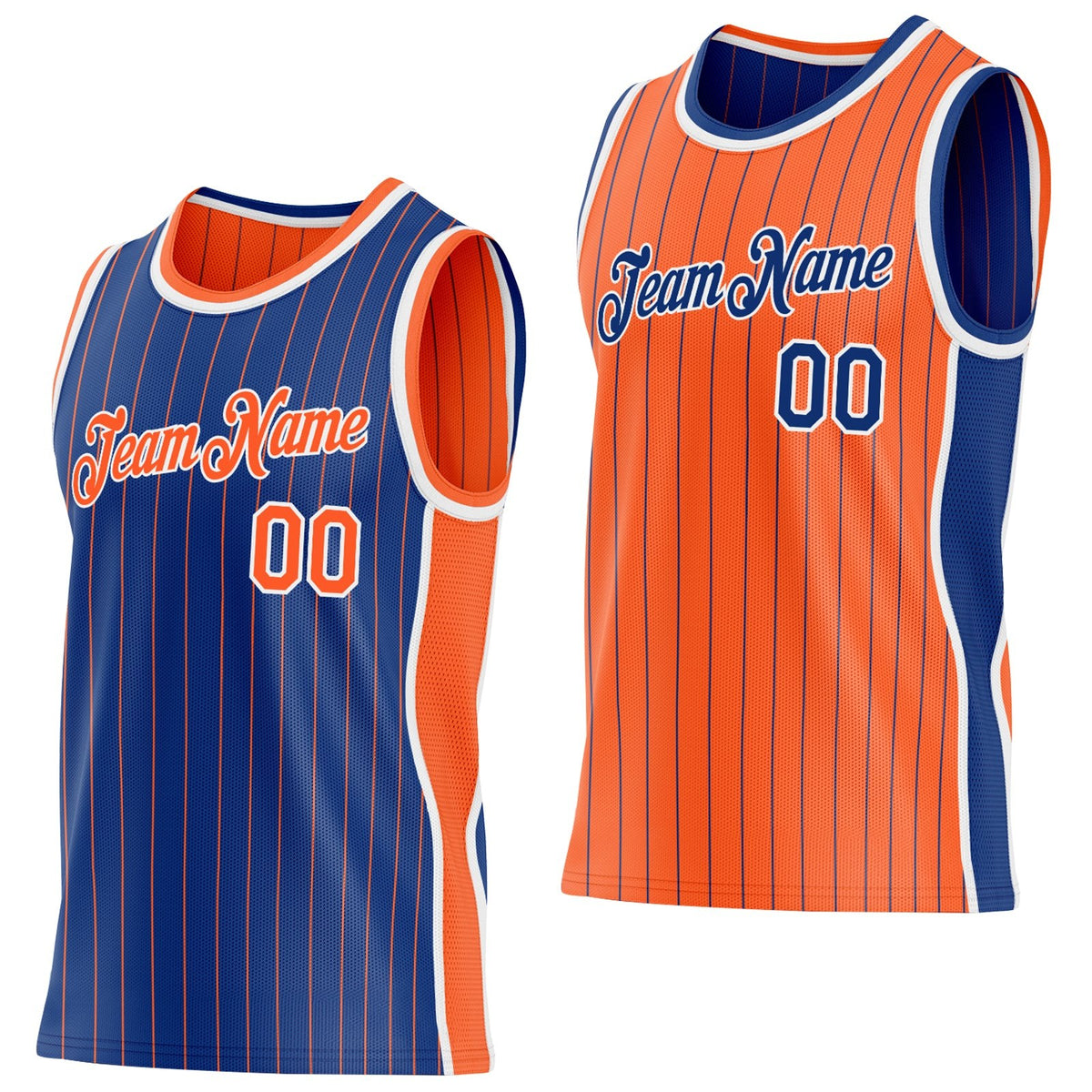 Custom Royal Orange Pinstripe-White Side Panels Reversible Double Side Sublimation Basketball Set Jersey