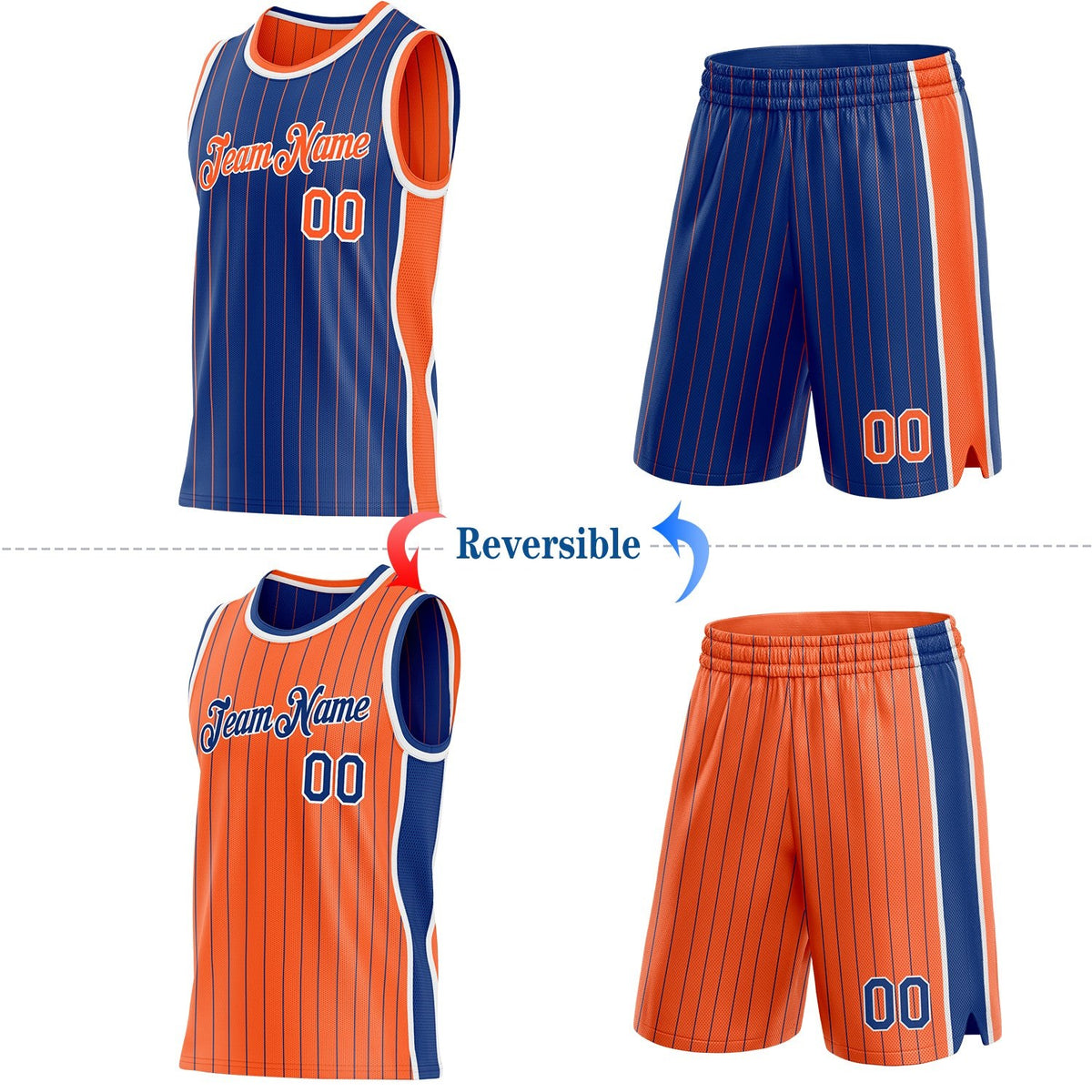 Custom Royal Orange Pinstripe-White Side Panels Reversible Double Side Sublimation Basketball Set Jersey photo 2