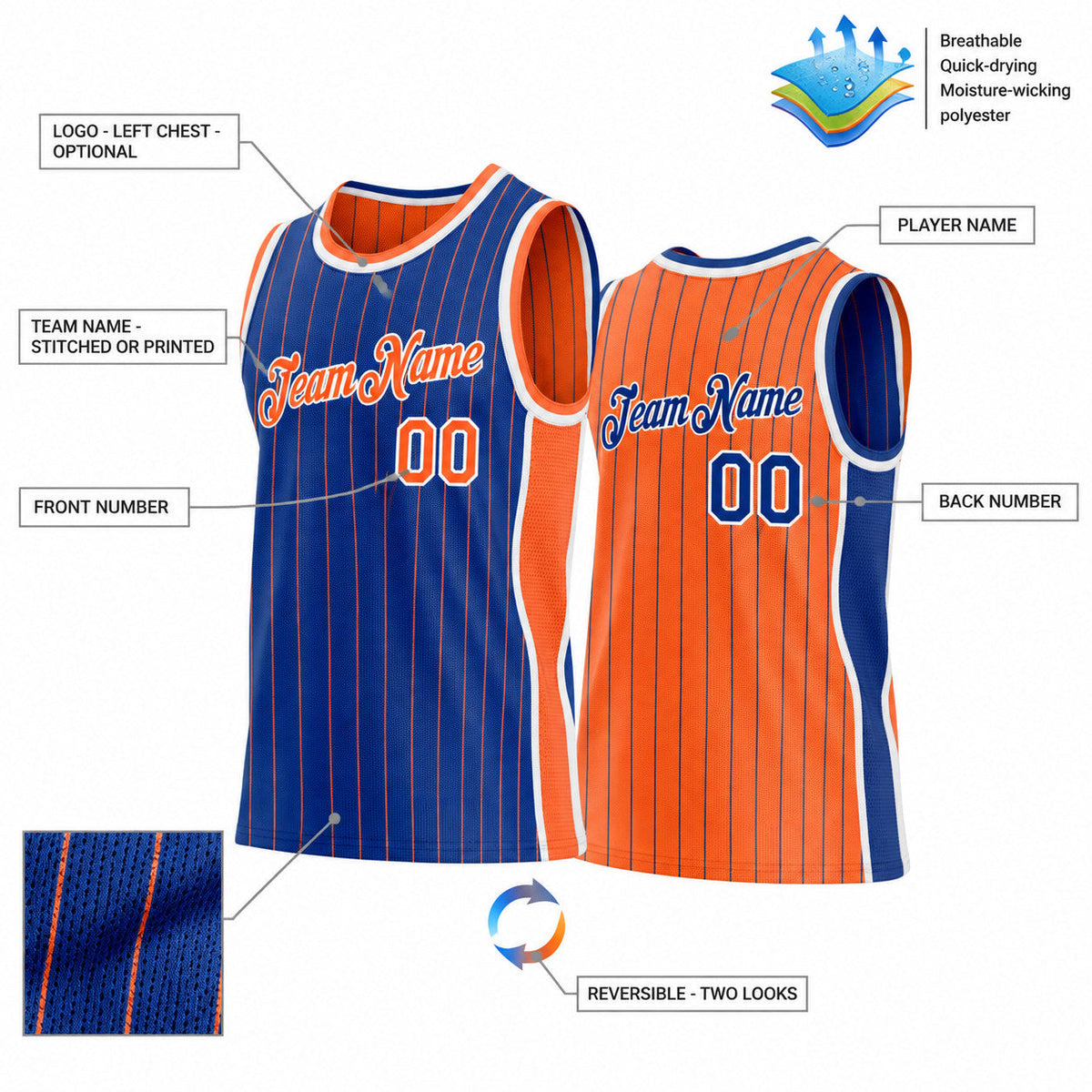 Custom Royal and Orange Side Panels Pinstripe Reversible Basketball Jersey Set with White Lettering Design 1005 customization guide