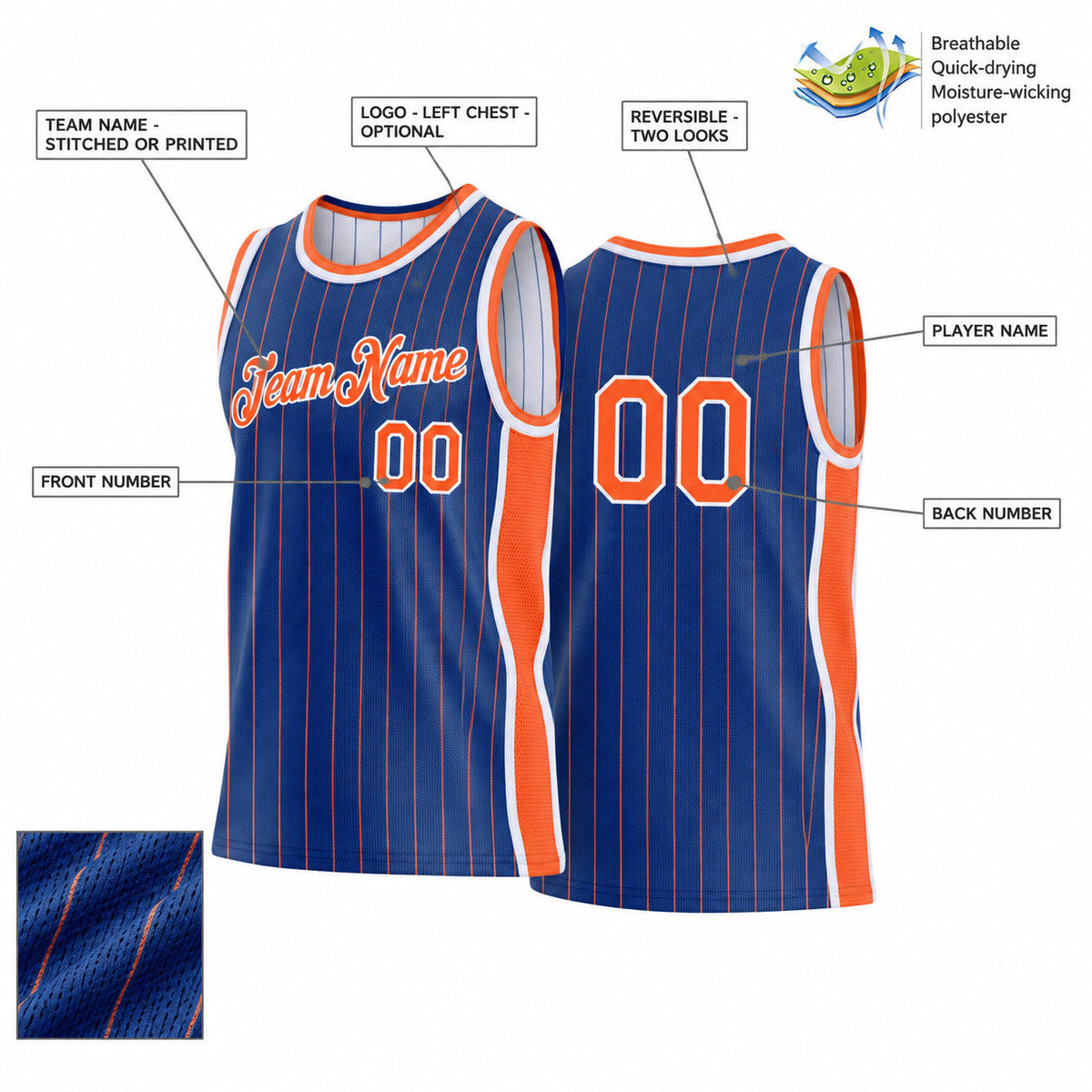 Custom Royal and Orange Side Panels Pinstripe Reversible Basketball Jersey Set with White Lettering Design 1006 customization guide