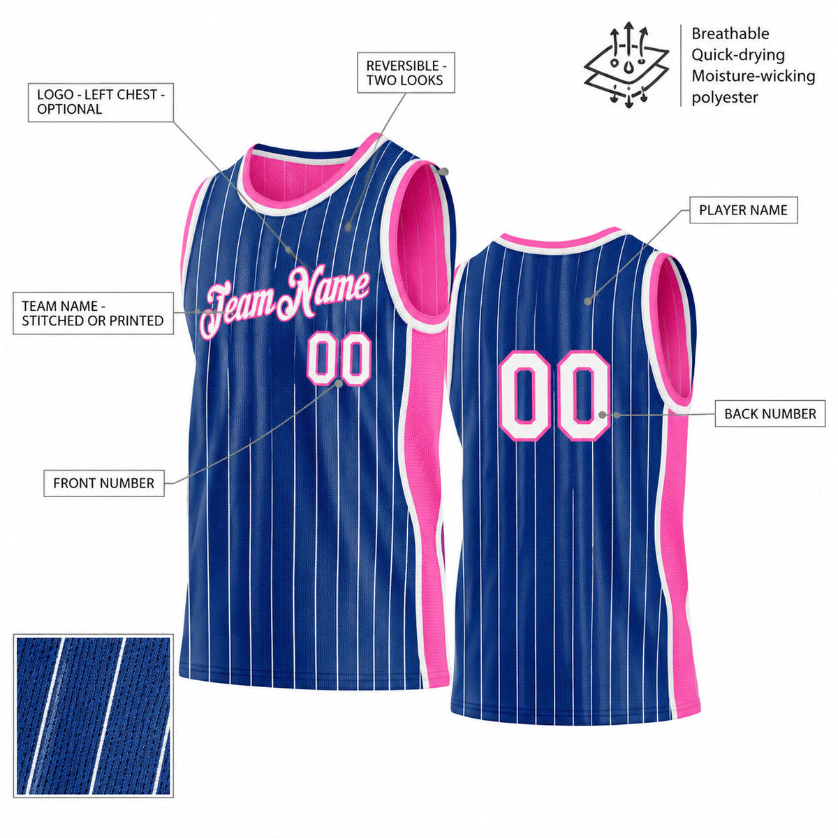 Custom Royal and White Side Panels Pinstripe Reversible Basketball Jersey Set with Pink Lettering customization guide