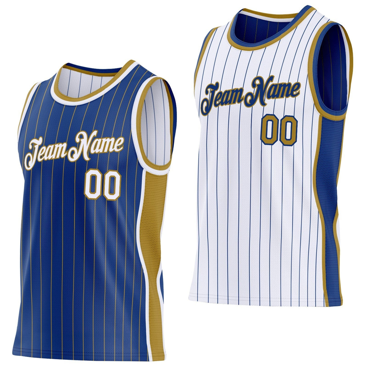 Custom Royal Old Gold Pinstripe-White Side Panels Reversible Double Side Sublimation Basketball Set Jersey