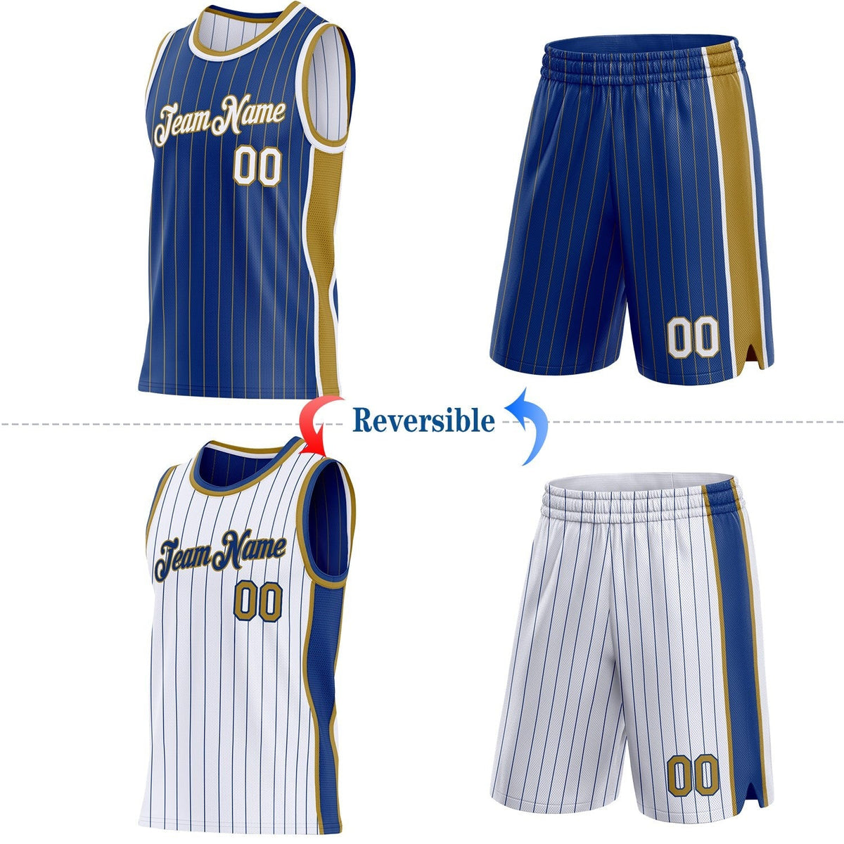 Custom Royal Old Gold Pinstripe-White Side Panels Reversible Double Side Sublimation Basketball Set Jersey photo 2