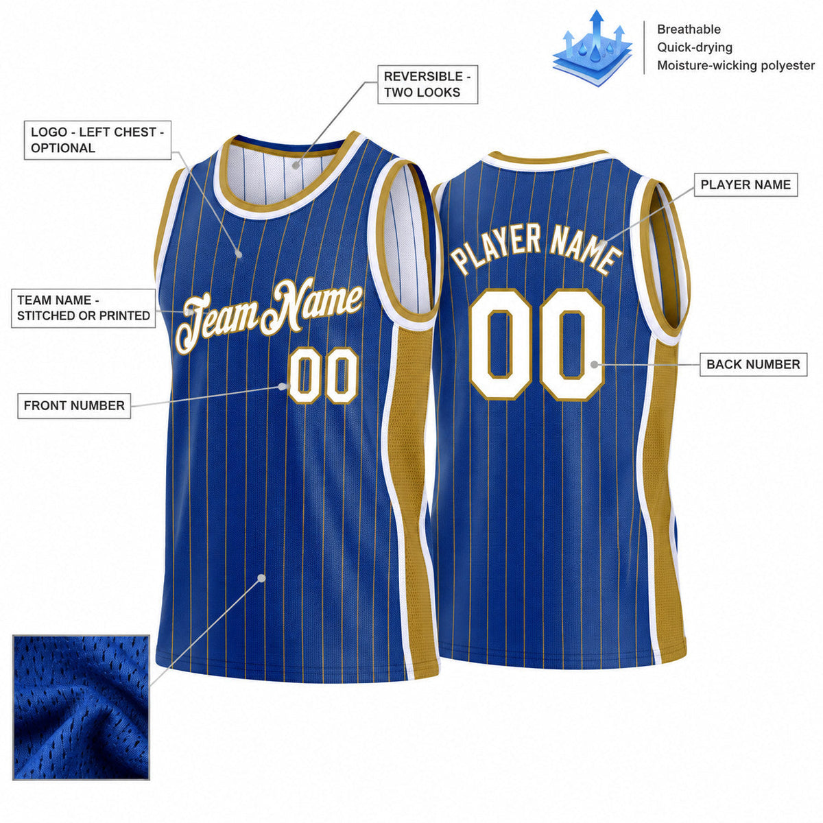 Custom Royal and Old Gold Side Panels Basketball Jersey Set with White Lettering customization guide